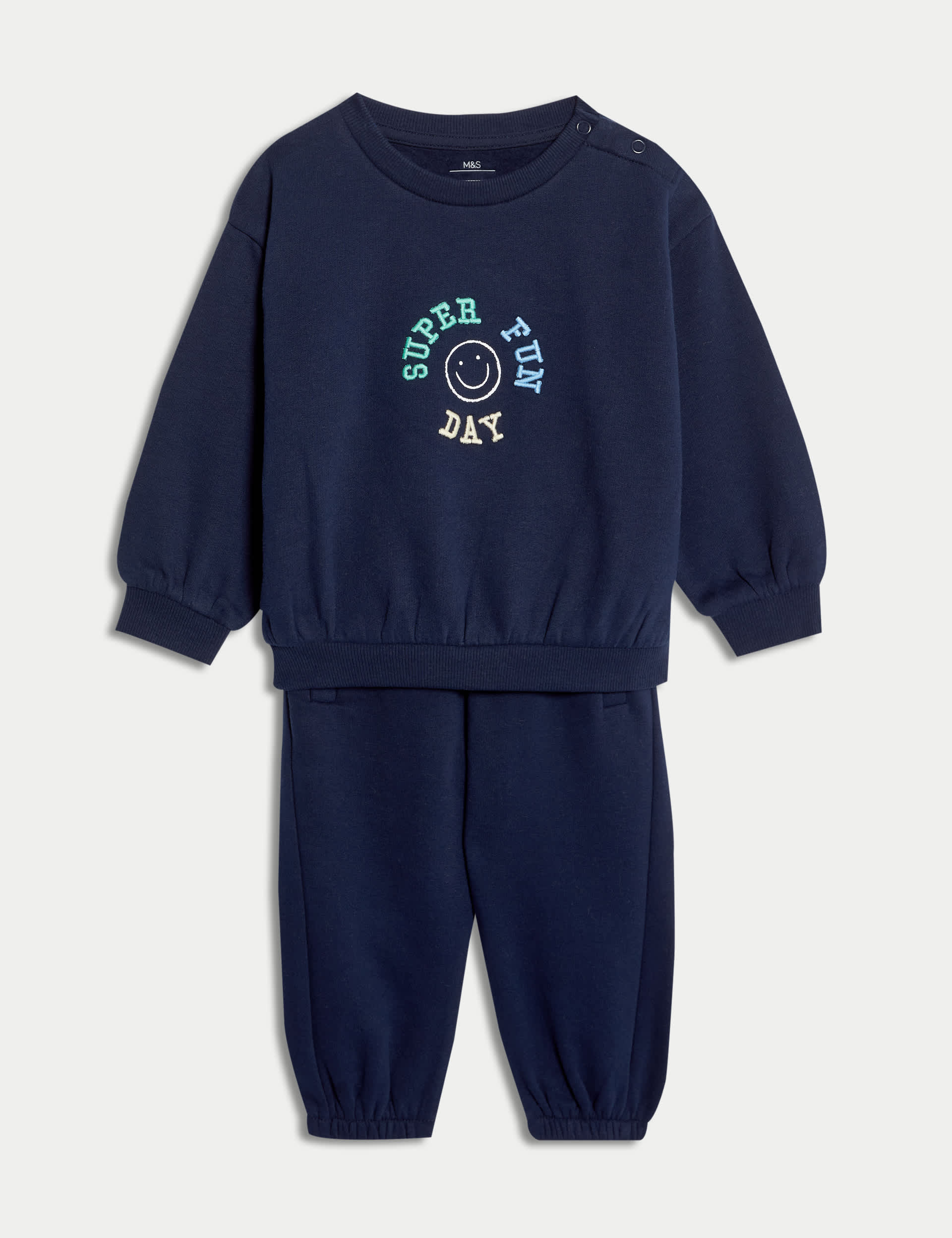 M&S Collection Boys 2pc Cotton Rich Slogan Top & Bottom Outfit (0-6 Yrs) - 5-6Y - Navy, Navy