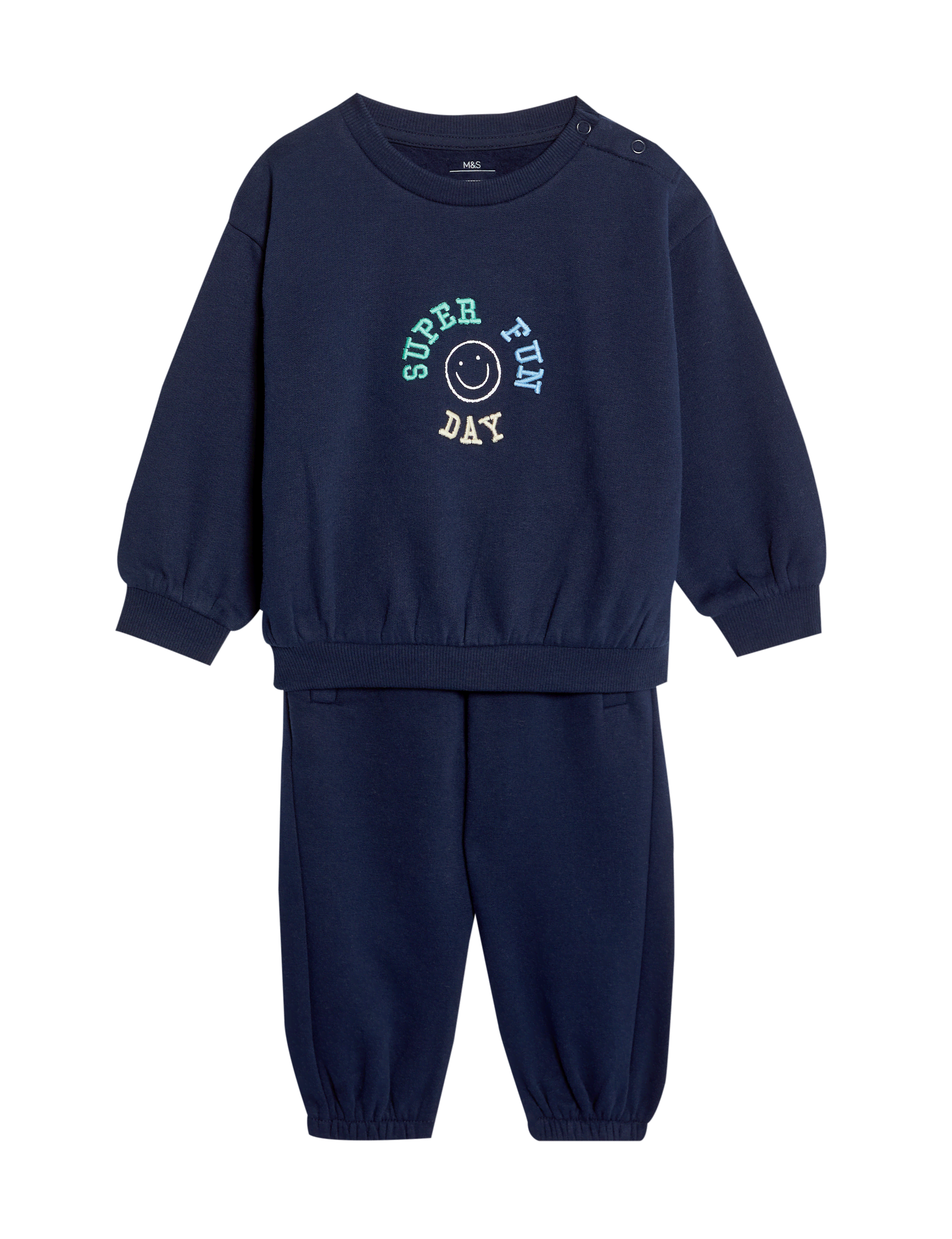 M&S Collection Boys 2pc Cotton Rich Slogan Top & Bottom Outfit (0-6 Yrs) - 5-6Y - Navy, Navy