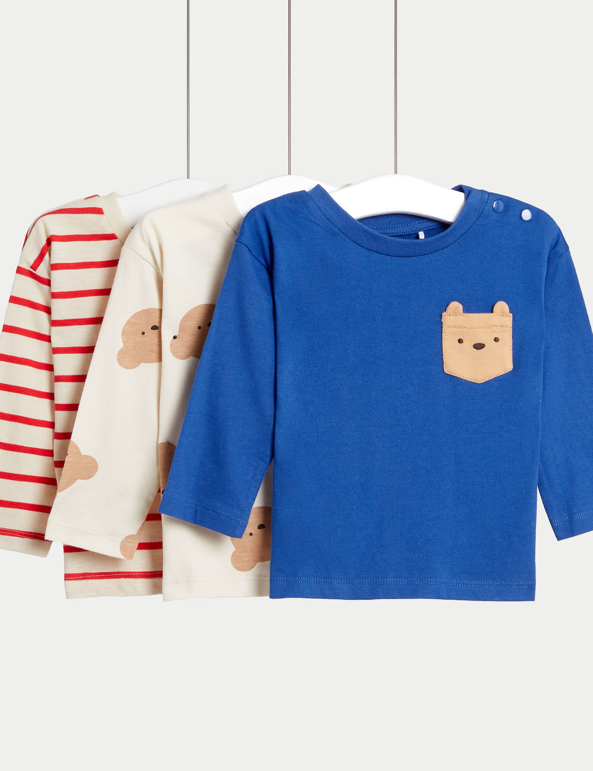 M&S Boys 3pk Pure Cotton Bear Tops (0 Mths-3 Yrs) - 12-18 - Multi, Multi