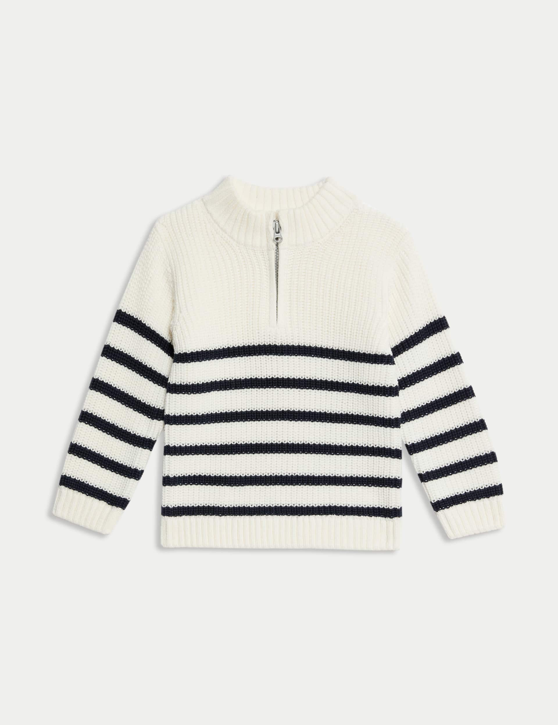 M&S Collection Boys Pure Cotton Half Zip Knitted Jumper (0-3 Yrs) - 12-18 - Cream Mix, Navy Mix,Crea