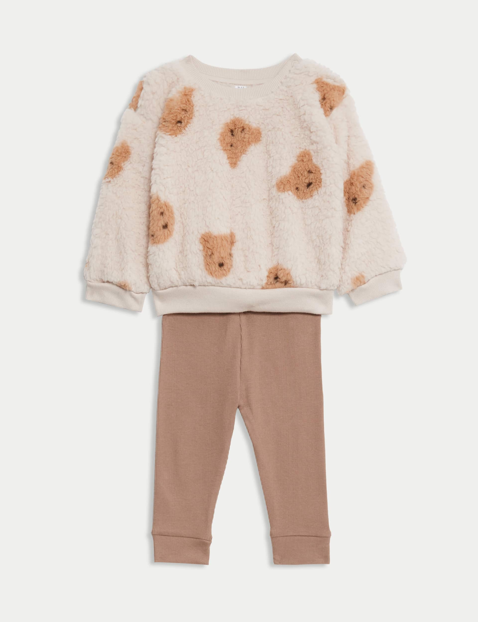 M&S Boys Borg Bear Top & Leggings Outfit (0-3 Yrs) - 12-18 - Neutral, Neutral