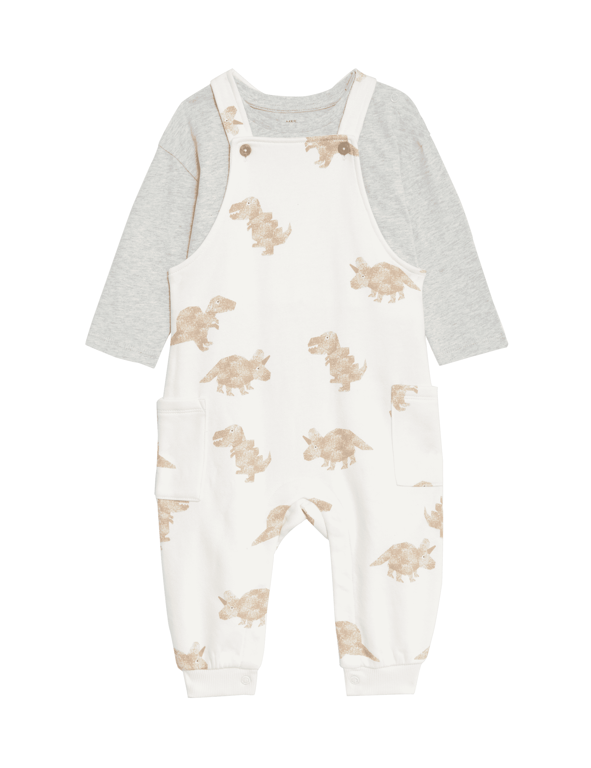 M&S Collection Boys 2pc Cotton Rich Dinosaur Dungaree Outfit (0-3 Yrs) - 12-18 - Neutral, Neutral