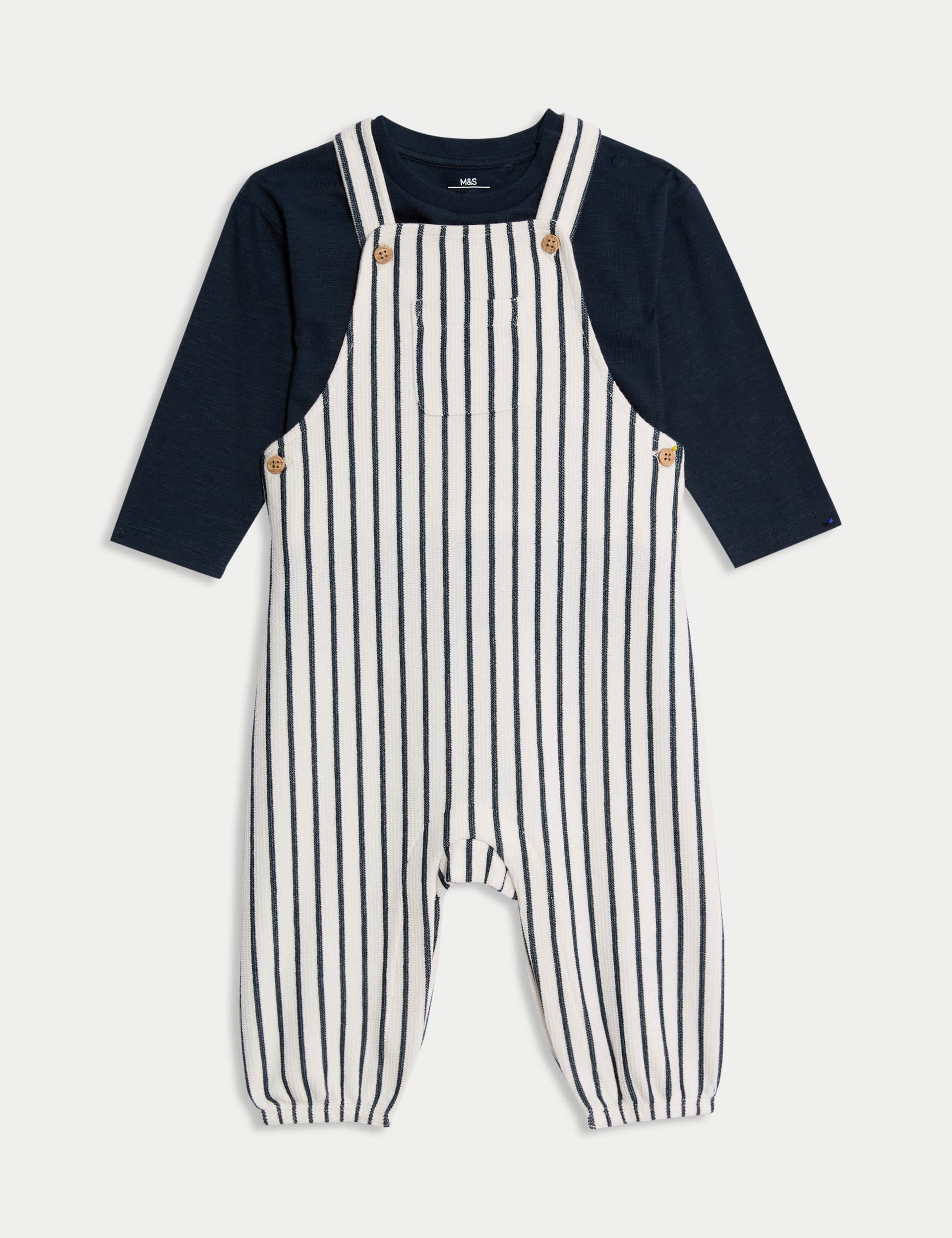 M&S Collection Boys 2pc Cotton Rich Striped Dungaree Outfit (0-3 Yrs) - 12-18 - Navy Mix, Navy Mix