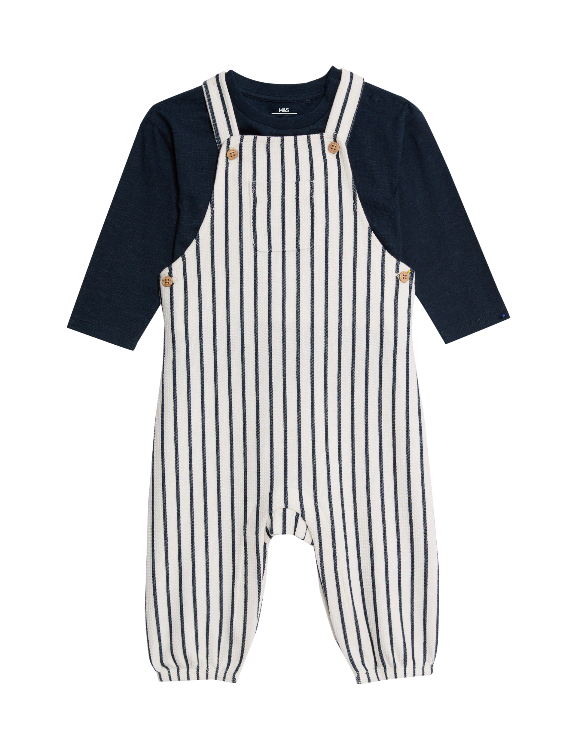 M&S Collection Boys 2pc Cotton Rich Striped Dungaree Outfit (0-3 Yrs) - 12-18 - Navy Mix, Navy Mix