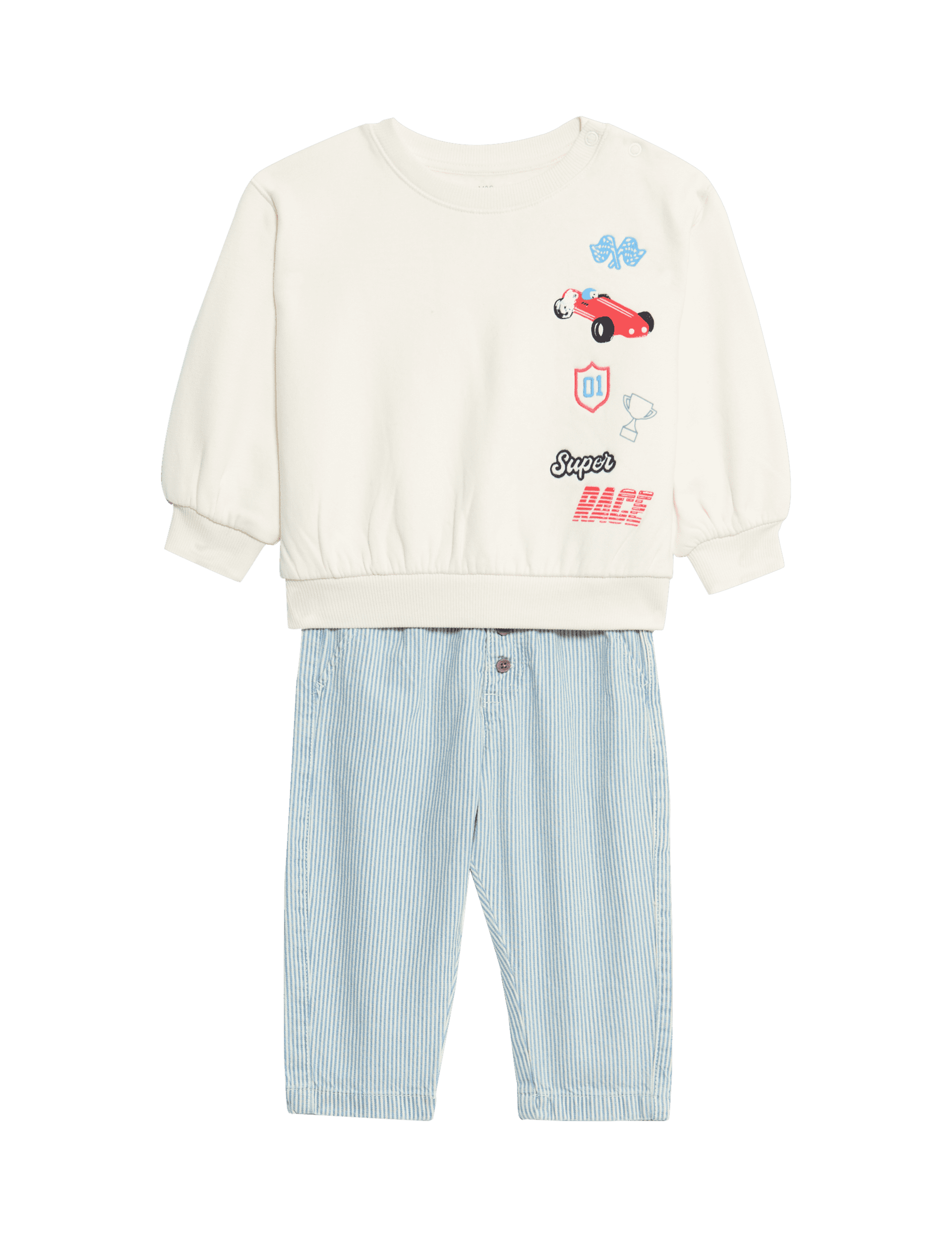 M&S Collection Boys Cotton Rich Striped Top & Bottom Outfit (0-6 Yrs) - 12-18 - Cream Mix, Cream Mix