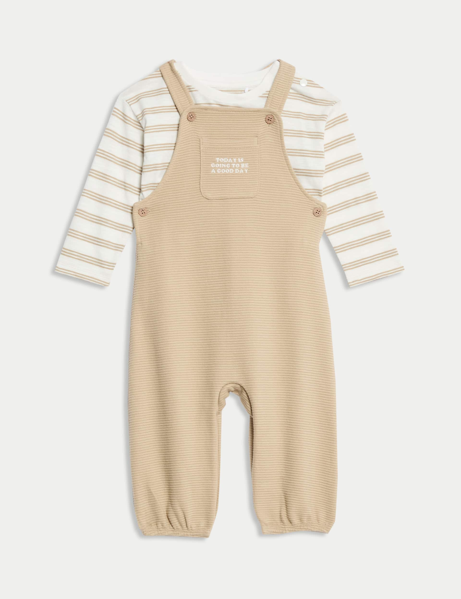 M&S Collection Boys 2pc Pure Cotton Dungaree Outfit (0 Mnths - 3 Yrs) - 3-6 M - Brown Mix, Brown Mix