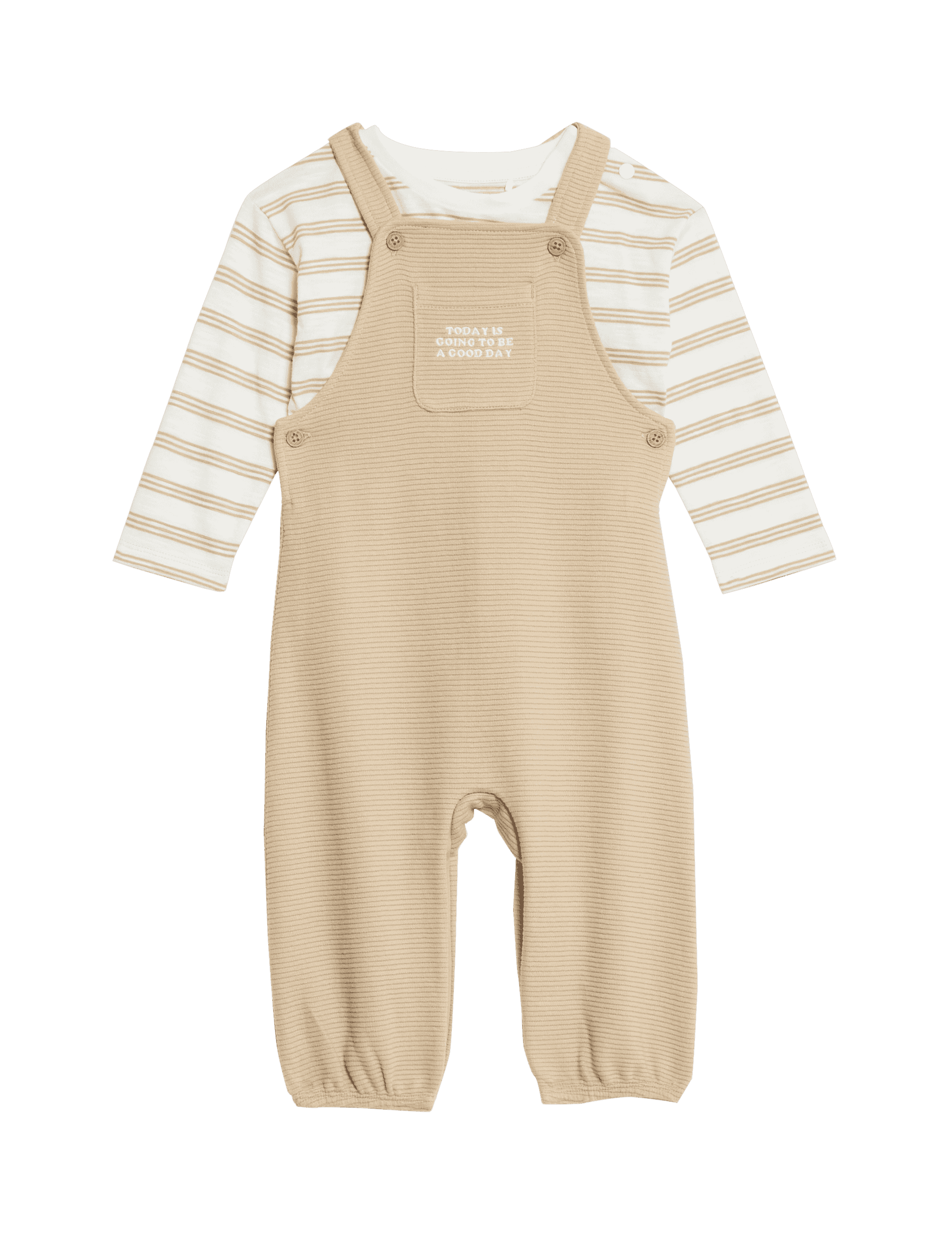 M&S Collection Boys 2pc Pure Cotton Dungaree Outfit (0 Mnths - 3 Yrs) - 3-6 M - Brown Mix, Brown Mix