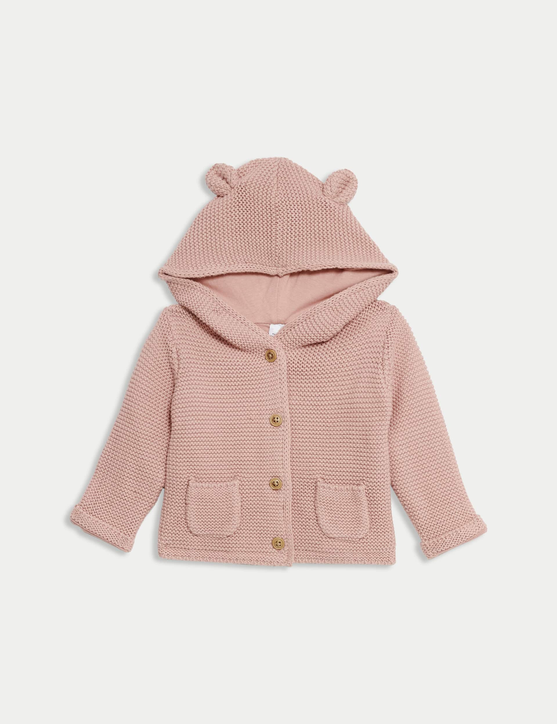 M&S Pure Cotton Hooded Cardigan (7lbs-3 Yrs) - 0-3 M - Rose, Rose,Oatmeal,Indigo,Grey Marl