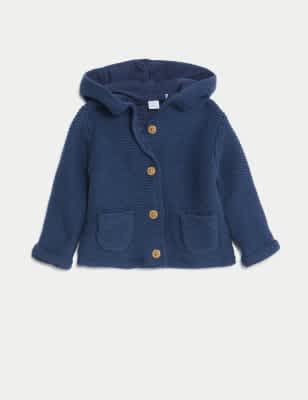 M&S Pure Cotton Hooded Cardigan (7lbs-3 Yrs) - 0-3 M - Indigo, Rose,Oatmeal,Indigo,Grey Marl