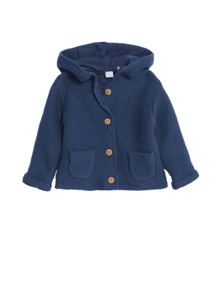 M&S Collection Pure Cotton Hooded Cardigan (7lbs-3 Yrs) - 0-3 M - Indigo, Rose,Oatmeal,Indigo,Grey M