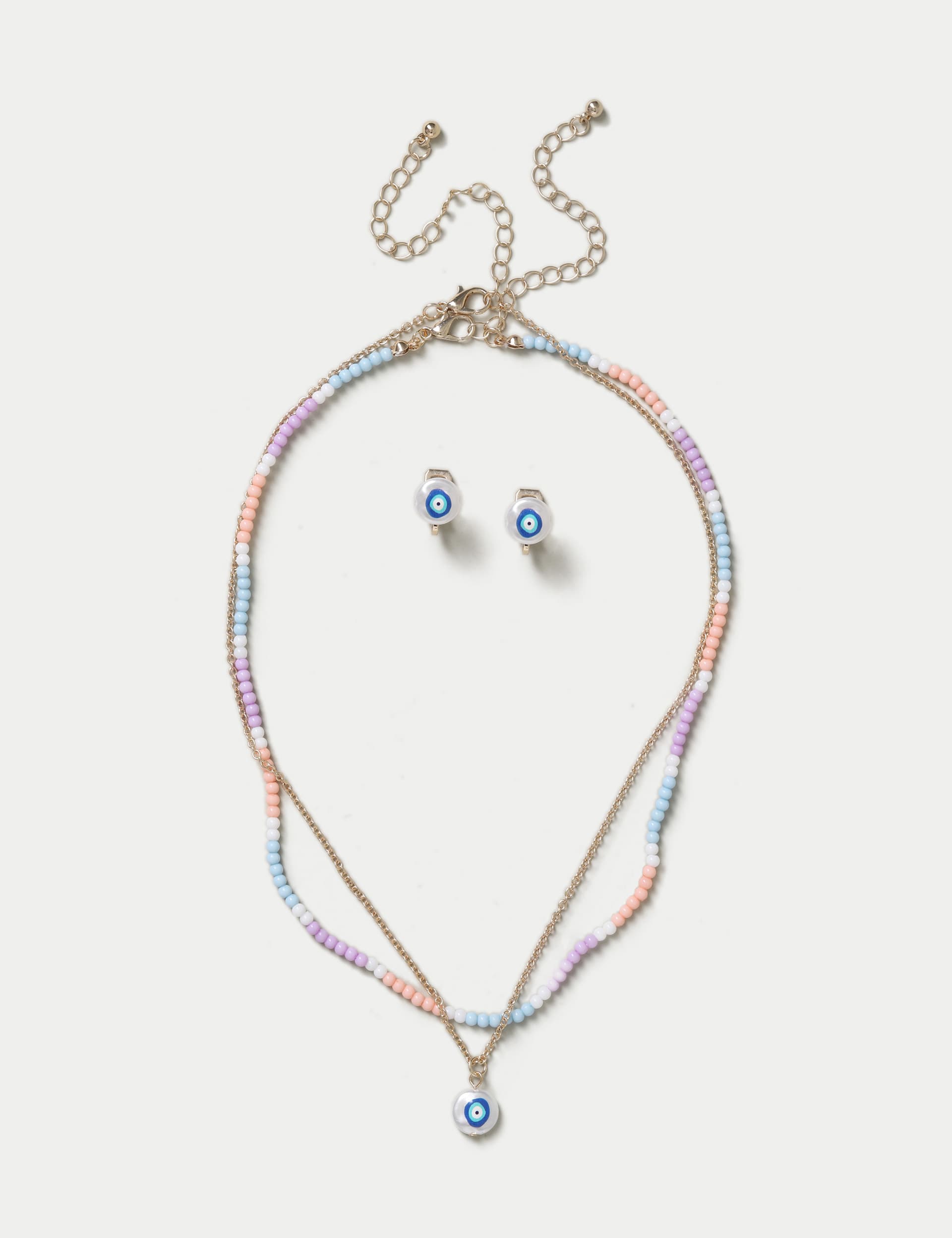 M&S Girls Evil Eye Necklace and Earrings Set - Pastel Mix, Pastel Mix