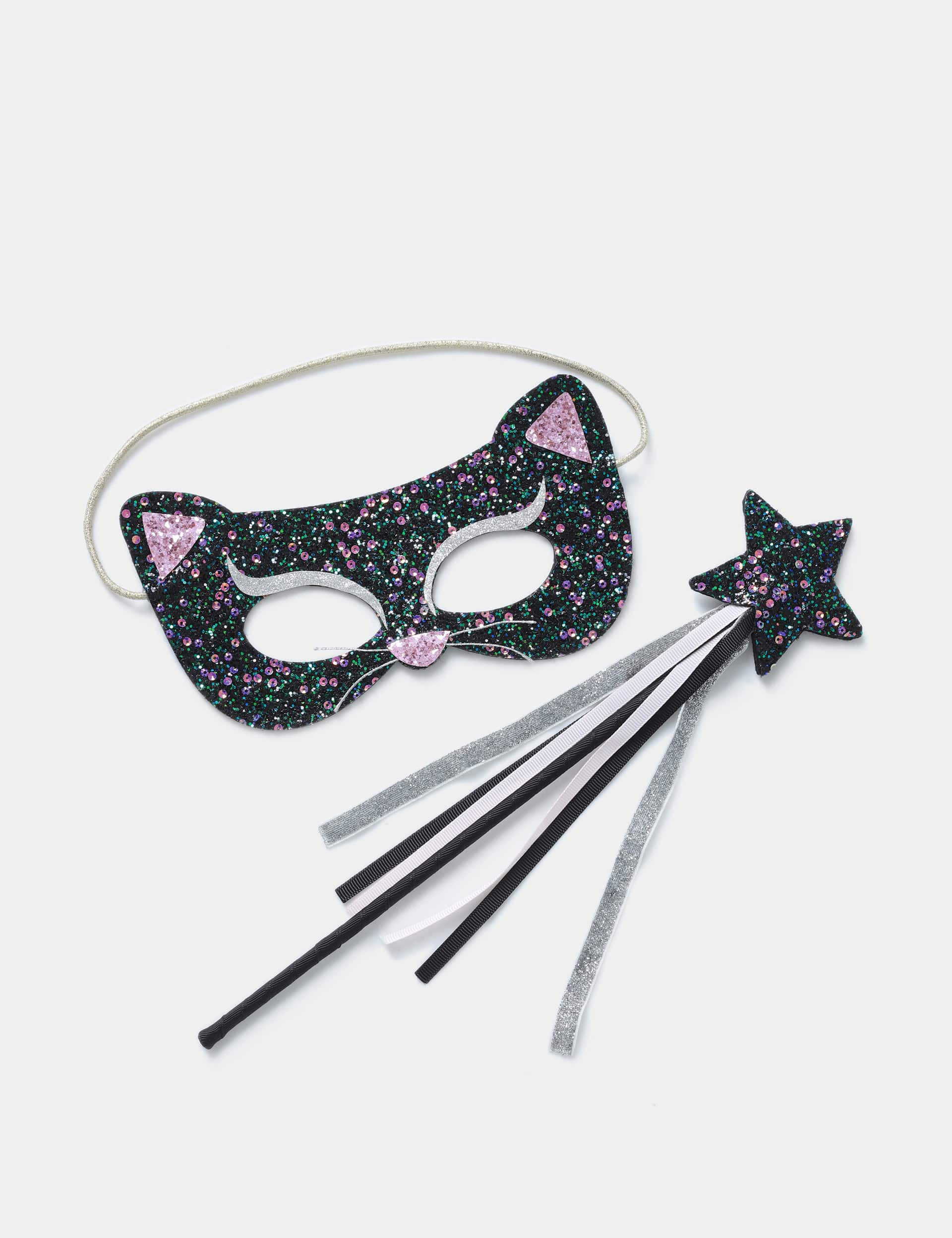 M&S Girls Halloween Glitter Cat Mask & Wand Set - Black, Black