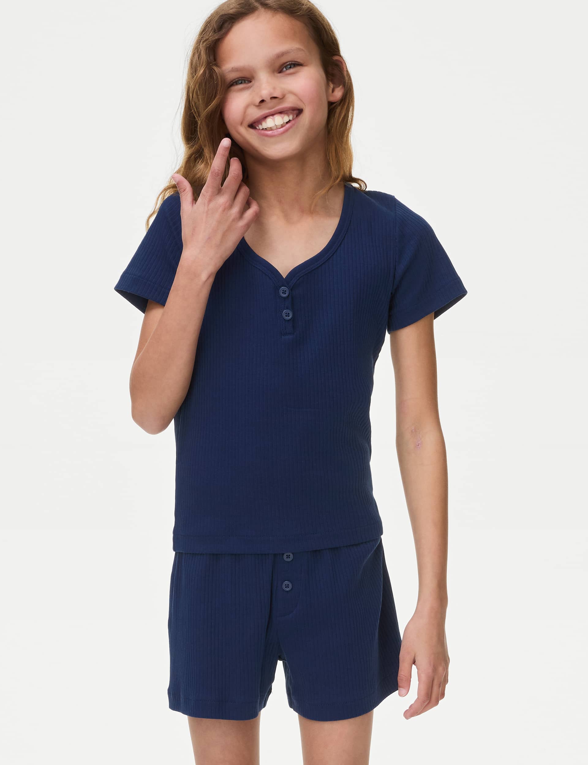 M&S Girls Cotton Rich Ribbed Pyjamas (6-16 Yrs) - 8-9 Y - Navy, Navy