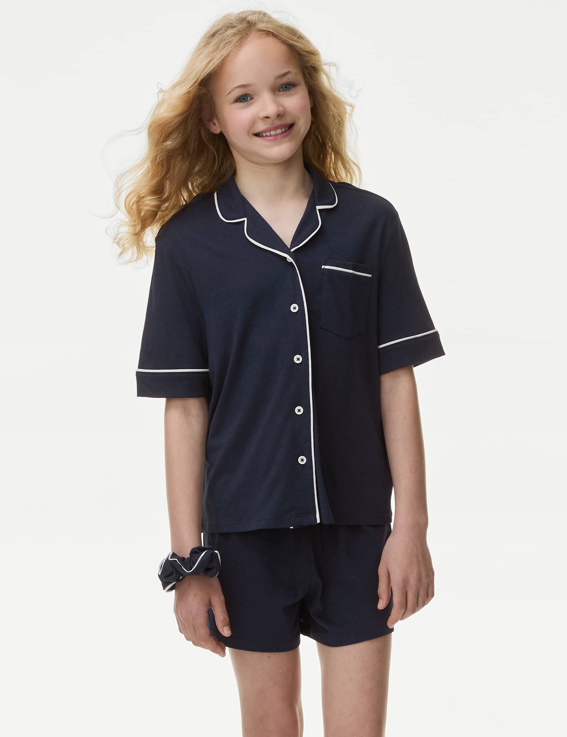 M&S Girls Cotton Blend Pyjamas & Scrunchie (3-16 Yrs) - 6-7 Y - Indigo, Indigo