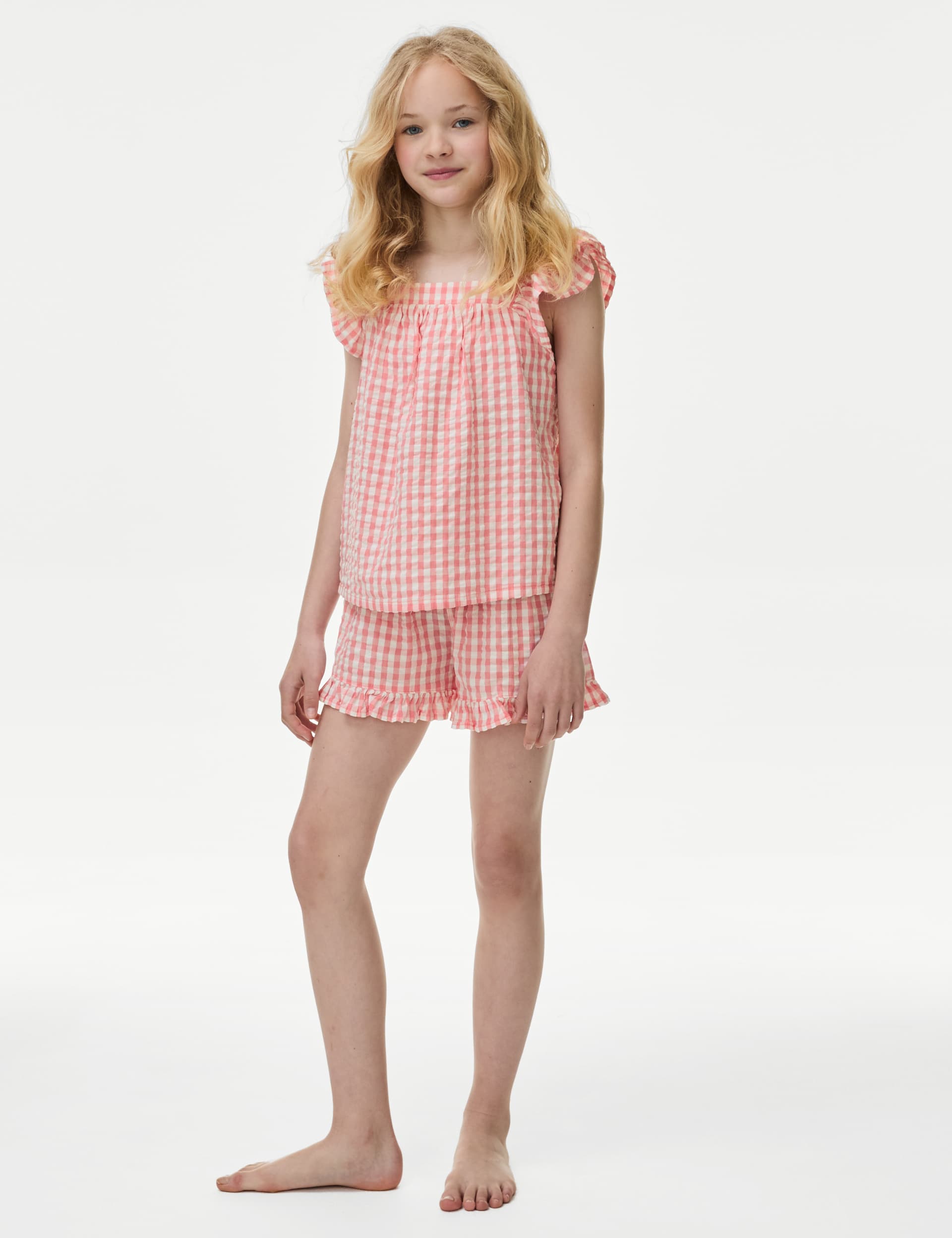 M&S Girls Pure Cotton Gingham Pyjamas (6-16 Yrs) - 9-10Y - Pink Mix, Pink Mix