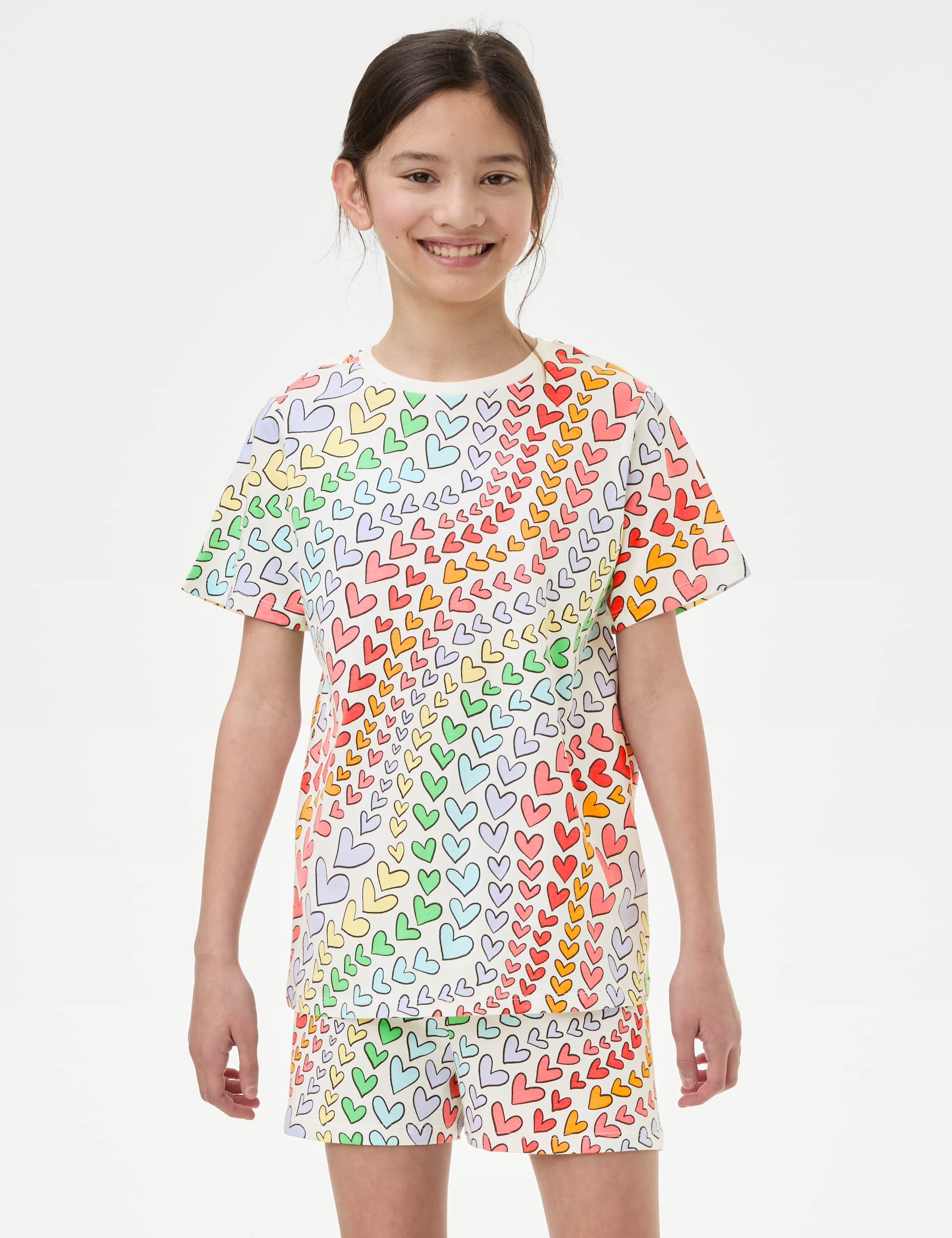 M&S Girls Pure Cotton Rainbow Heart Print Pyjamas (7-14 Yrs) - 10-11 - Multi, Multi