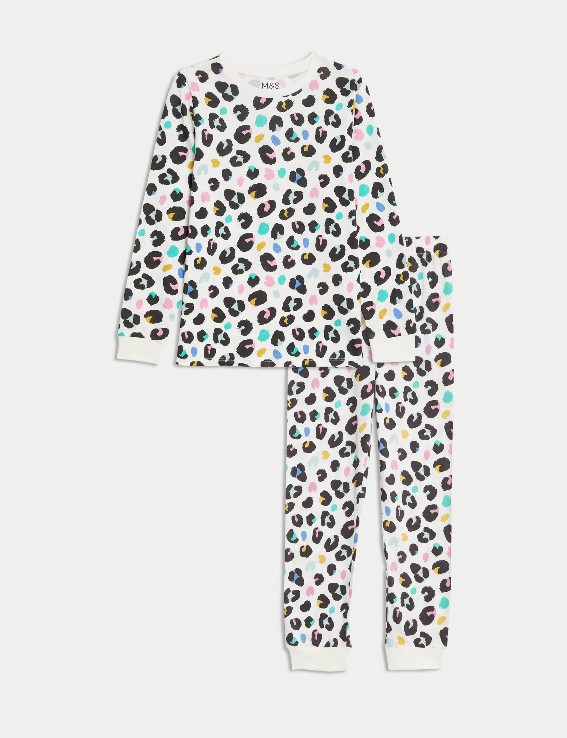 M&S Girls Pure Cotton Leopard Print Pyjamas (7-14 Yrs) - 9-10Y - Ecru Mix, Ecru Mix