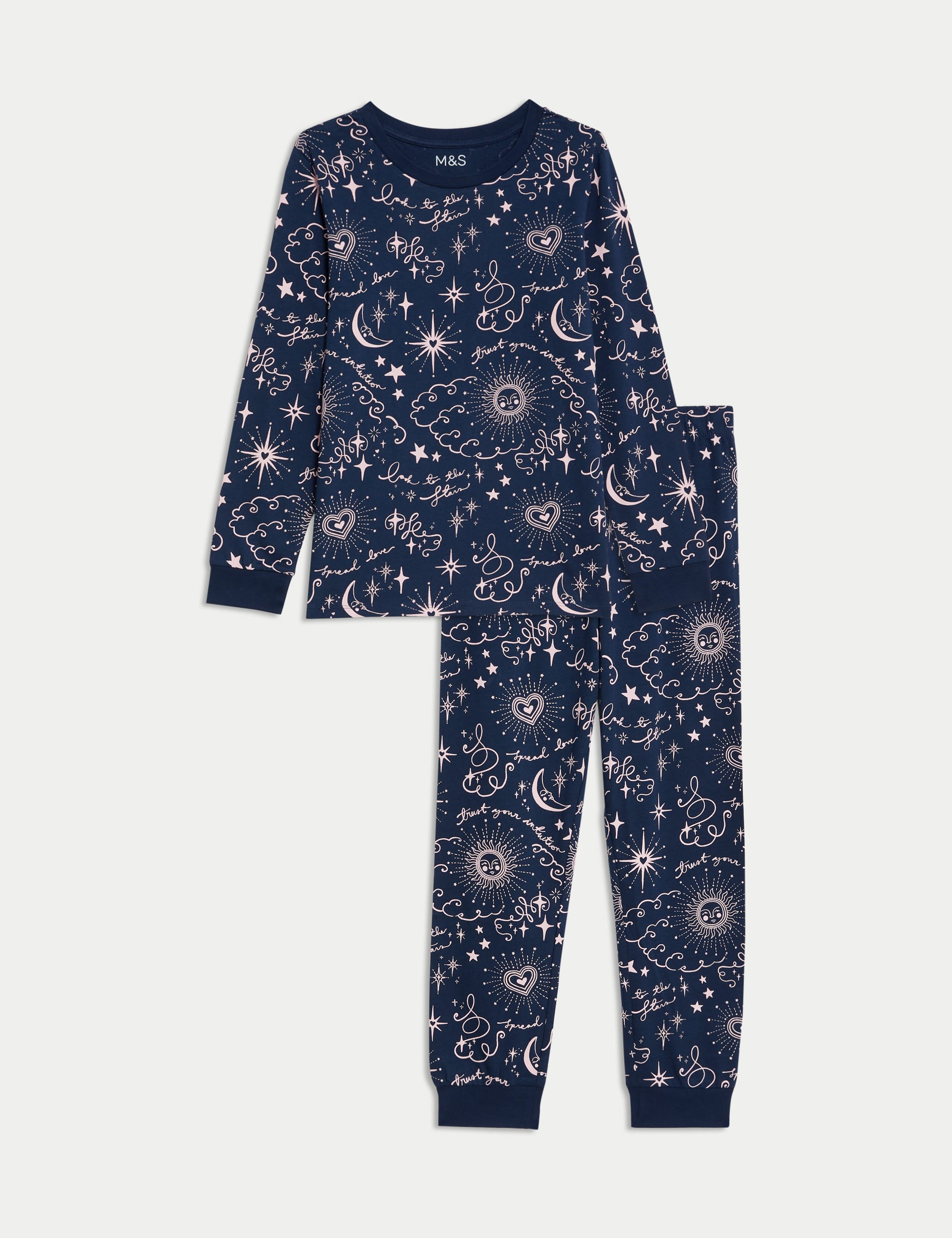 M&S Girls Pure Cotton Celestial Print Pyjamas (7-14 Yrs) - 9-10Y - Navy Mix, Navy Mix