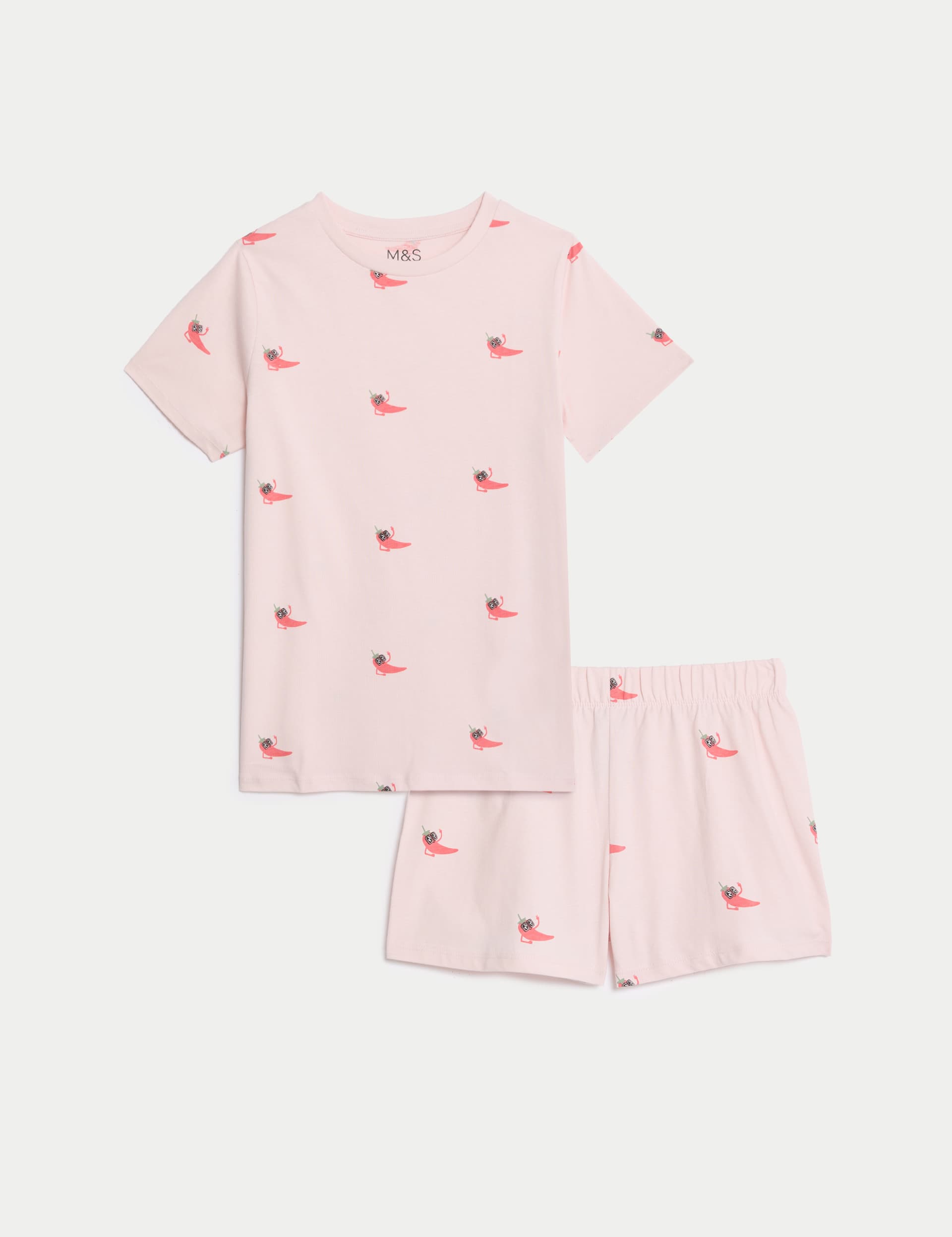 M&S Girls Pure Cotton Chilli Print Short Pyjamas (7-14 Yrs) - 9-10Y - Pink Mix, Pink Mix