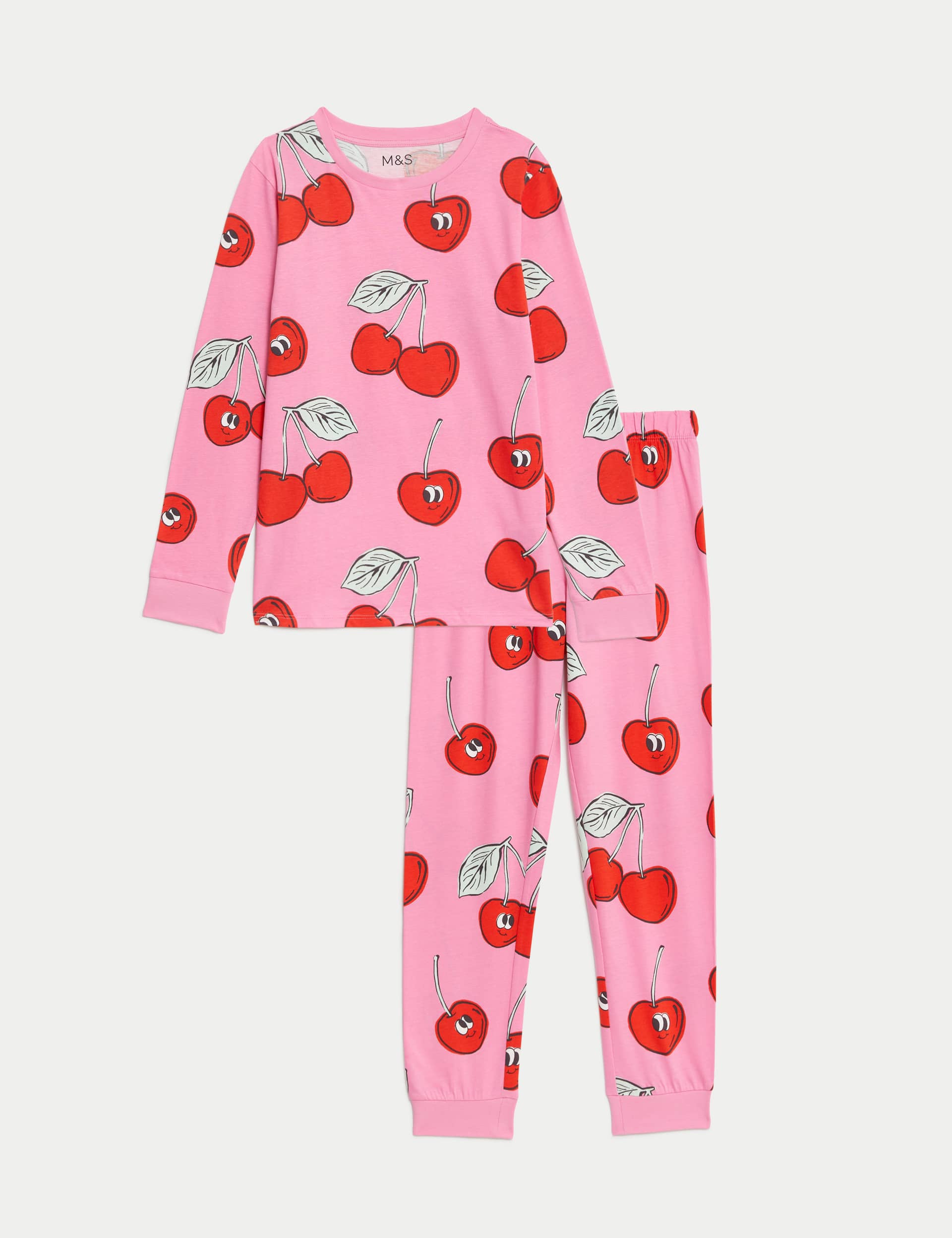 M&S Girls Pure Cotton Cherry Print Pyjamas (7-14 Yrs) - 7-8 Y - Very Pink, Very Pink