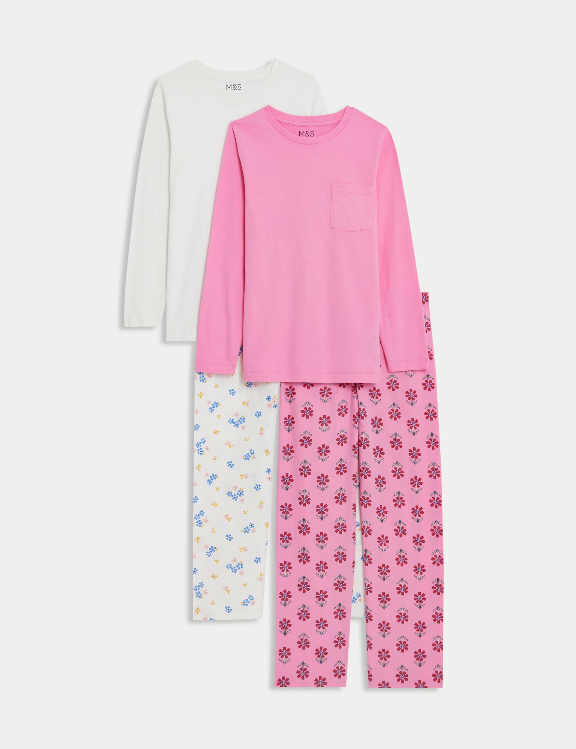 M&S Girls 2pk Pure Cotton Floral Pyjamas - 12-13 - Pink Mix, Pink Mix