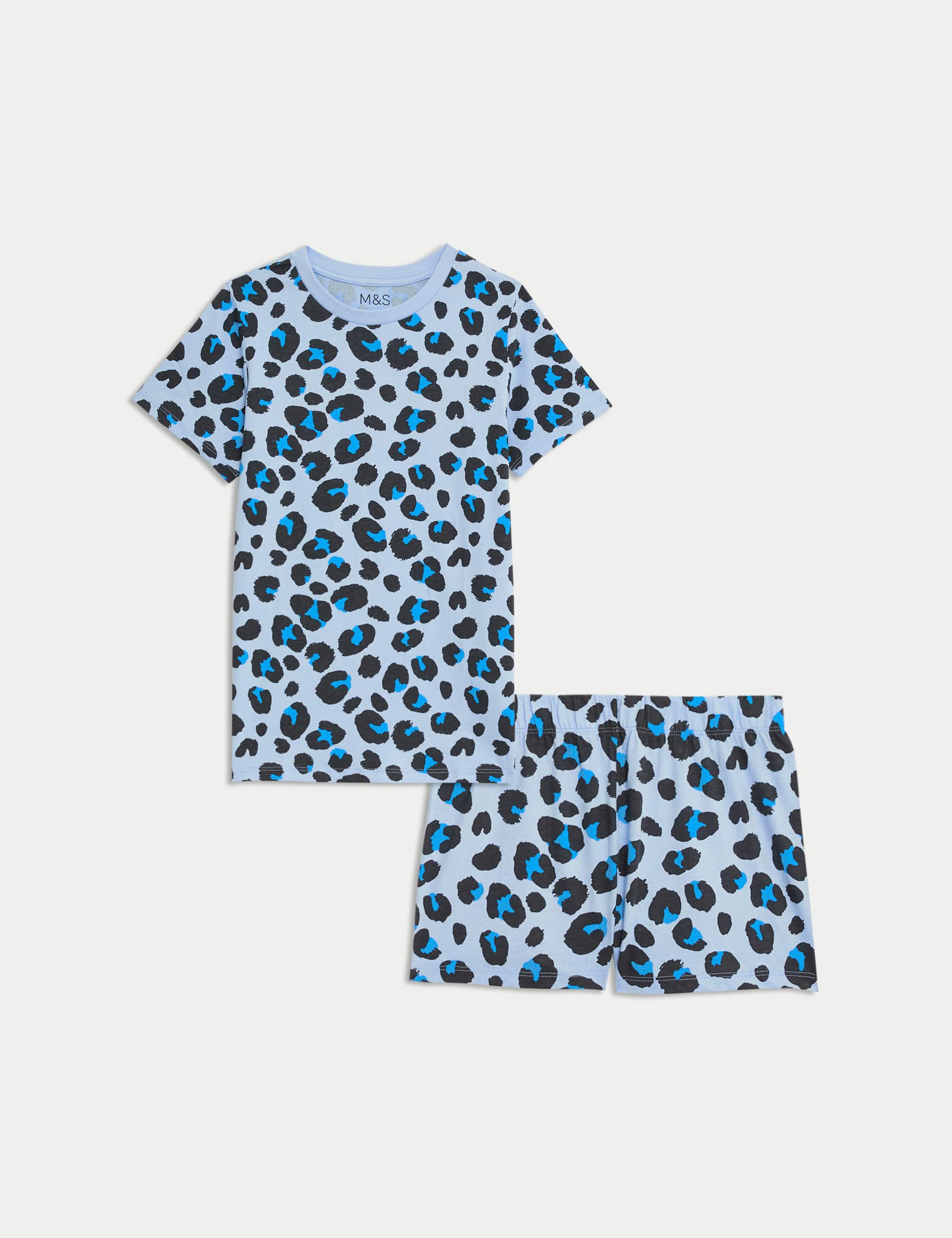 M&S Girls Pure Cotton Leopard Print Pyjamas (7-14 Yrs) - 9-10Y - Light Blue, Light Blue