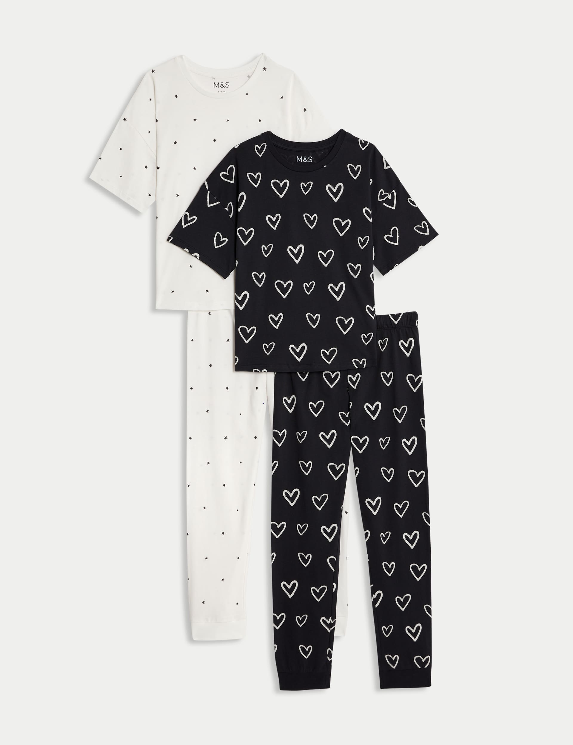 M&S Girls 2pk Pure Cotton Heart & Star Pyjama Sets (12 Mths - 16 Yrs) - 8-9 Y - Carbon, Carbon