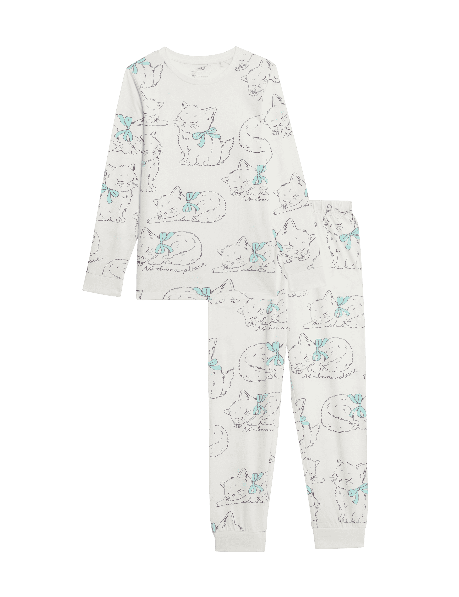 M&S Collection Girls Pure Cotton Cat Print Pyjamas (1-14 Yrs) - 7-8 Y - Ivory Mix, Ivory Mix