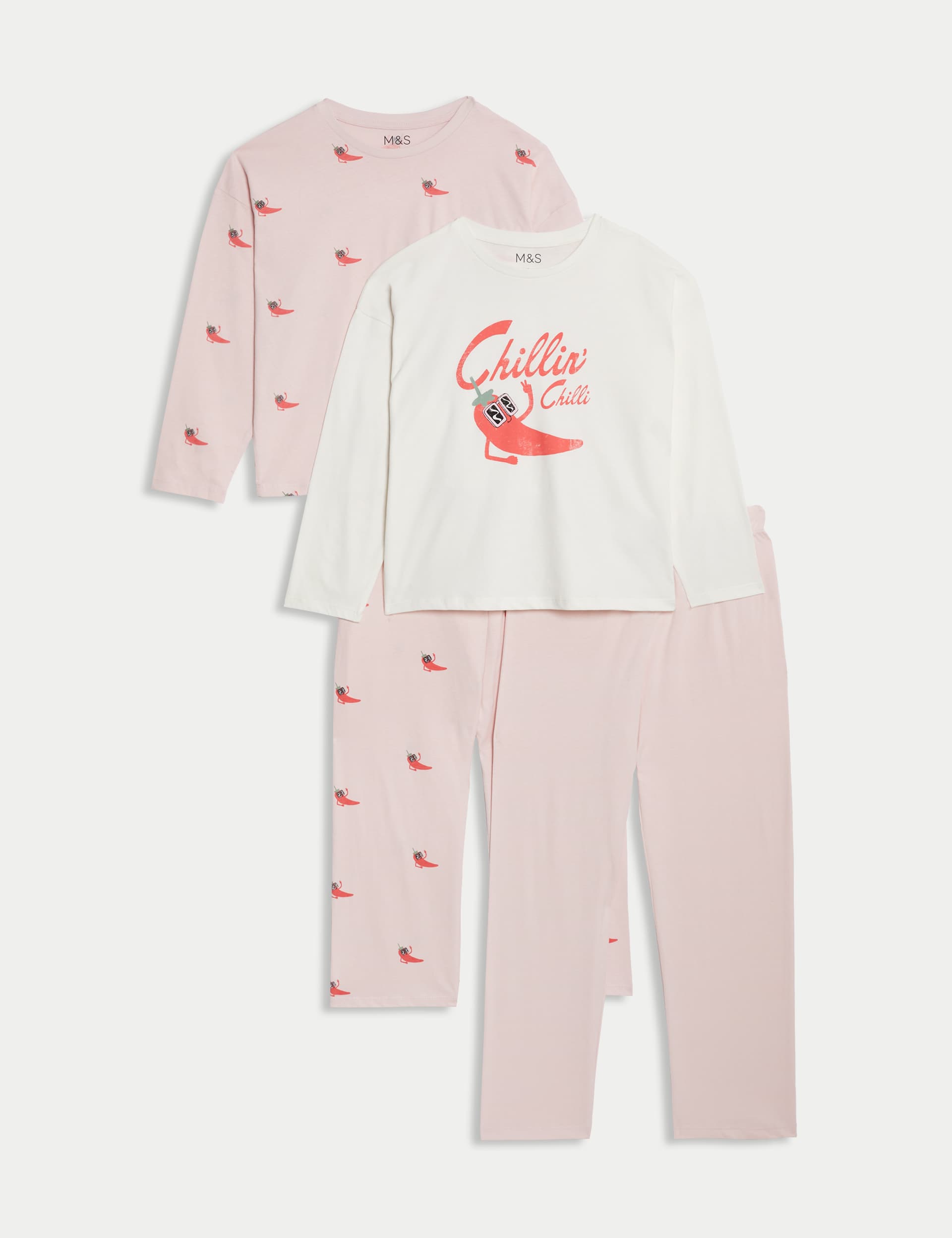 M&S Girls 2pk Pure Cotton Chilli Print Pyjama Sets (6-16 Yrs) - 12-13 - Pink Mix, Pink Mix