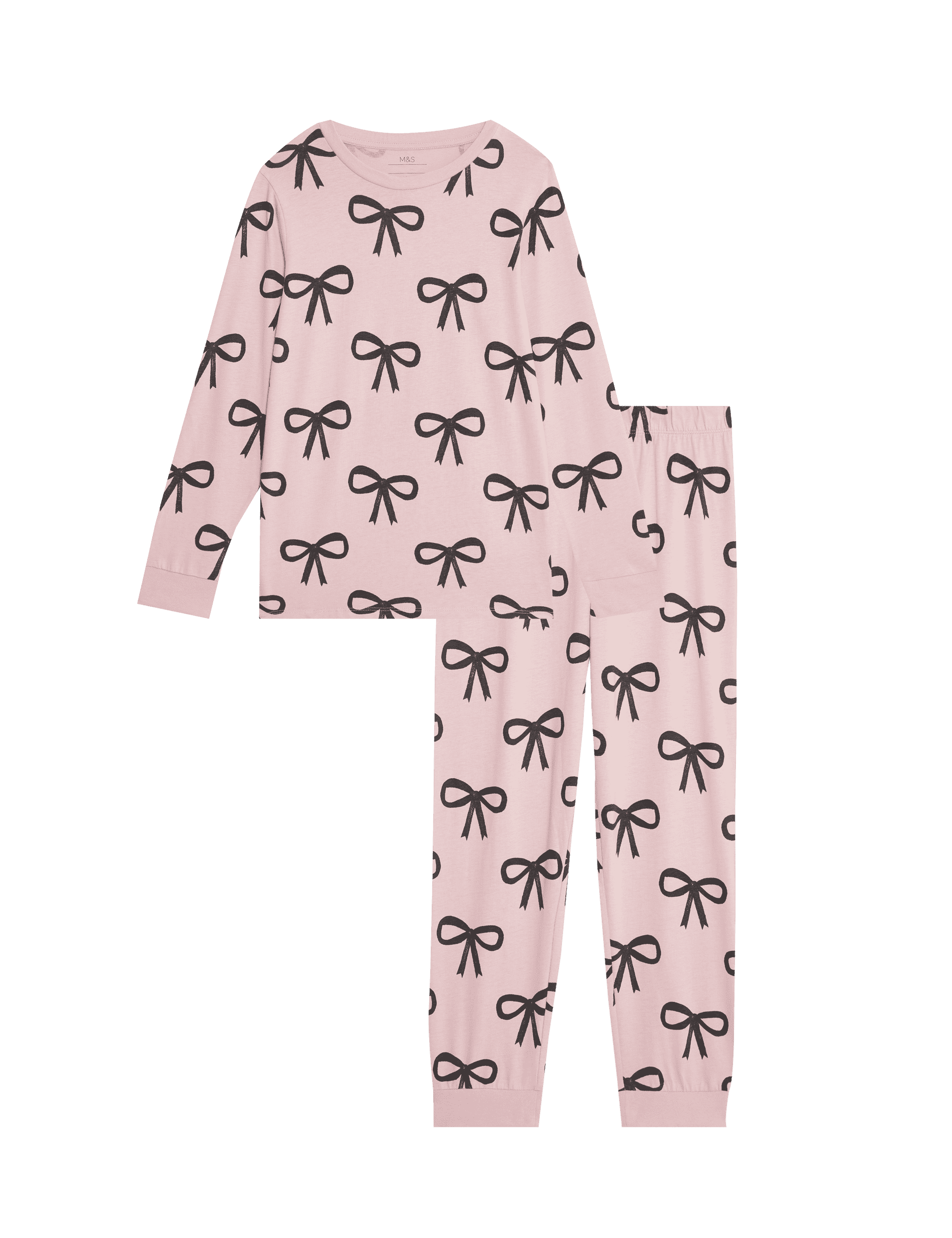 M&S Collection Girls Pure Cotton Bow Print Pyjamas (1-14 Yrs) - 6-7 Y - Pink, Pink