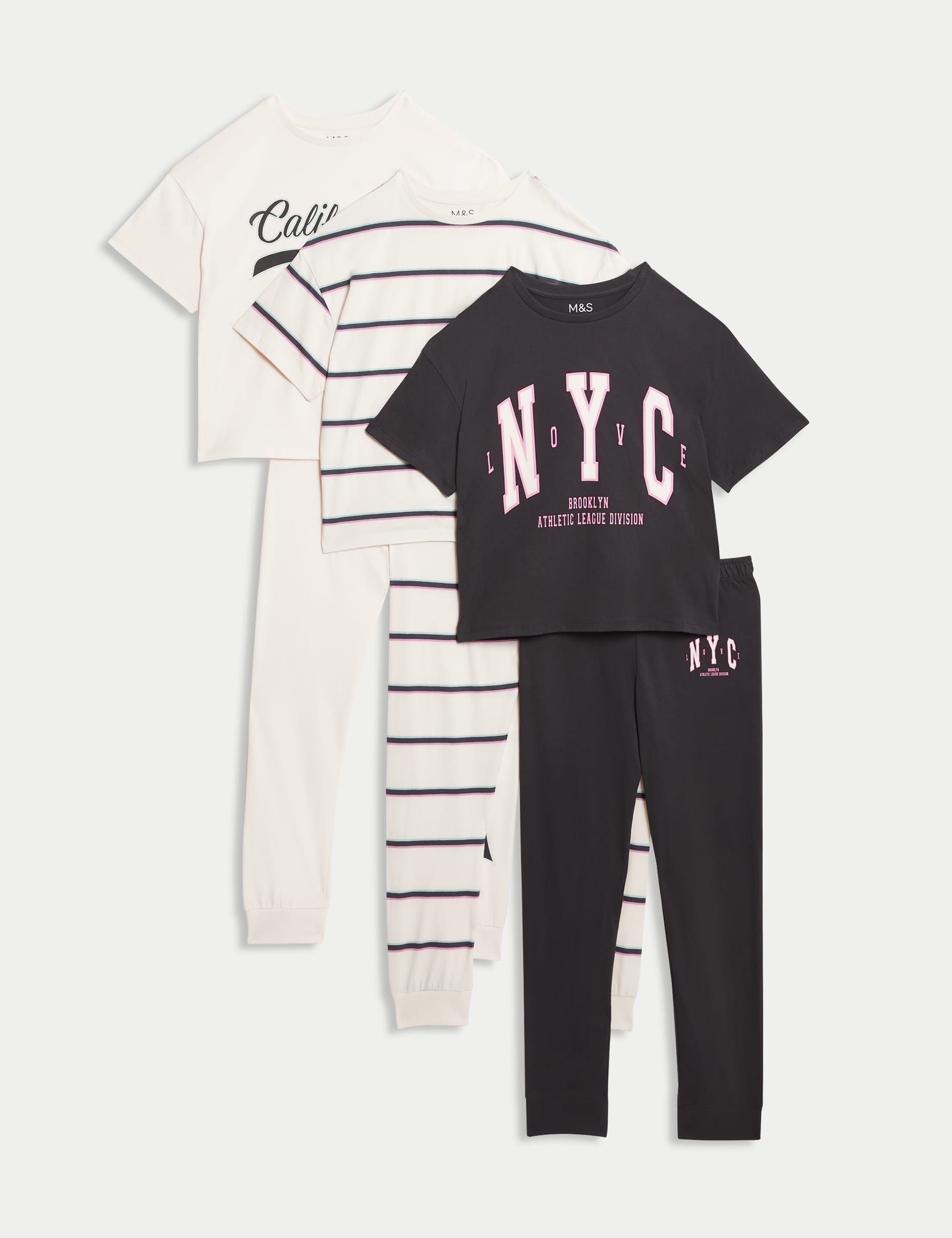 M&S Girls 3pk Pure Cotton Collegiate Pyjama Sets (6-16 Yrs)