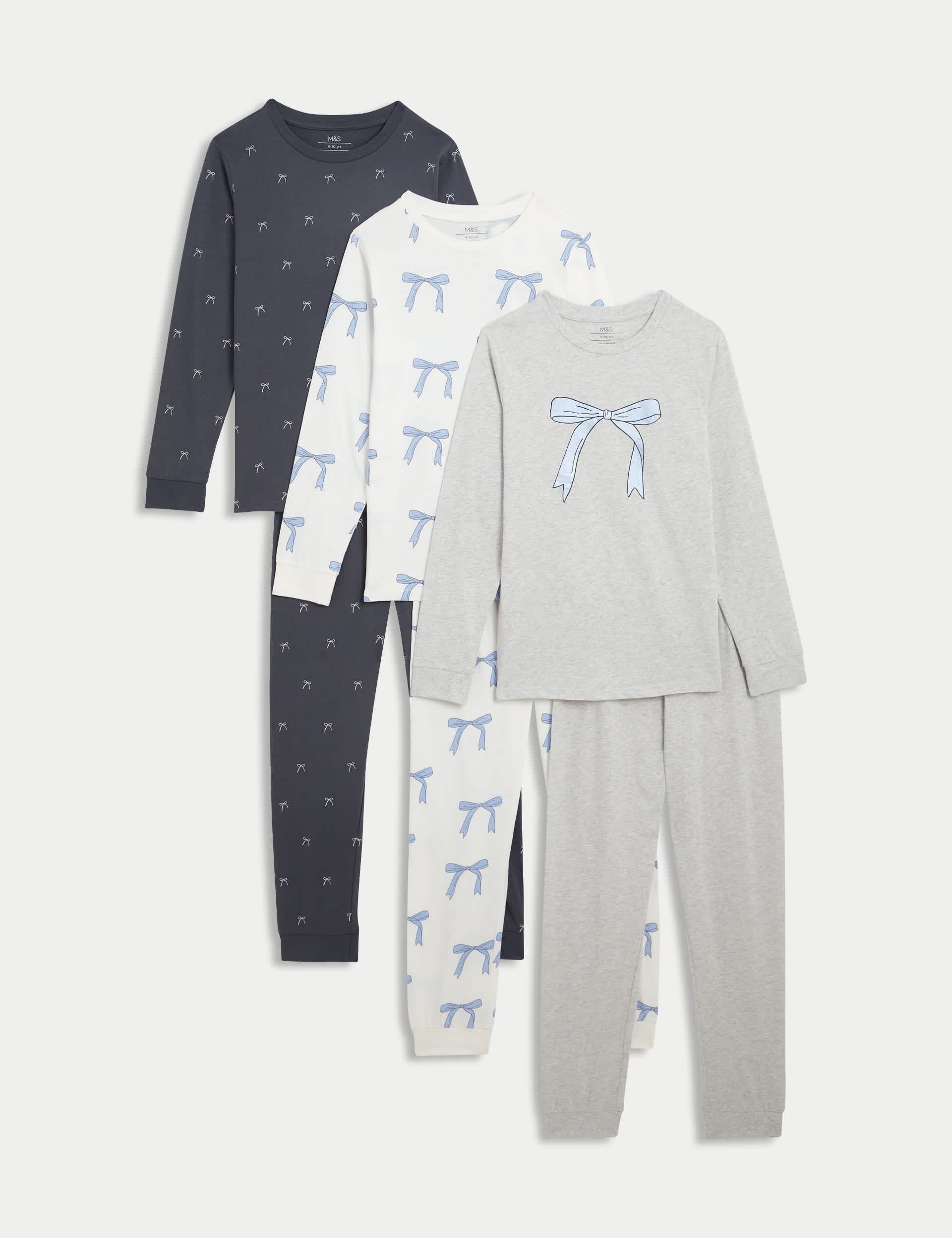 M&S Girls 3pk Pure Cotton Bow Pyjama Sets (6-16 Yrs) - 12-13 - Ivory Mix, Ivory Mix