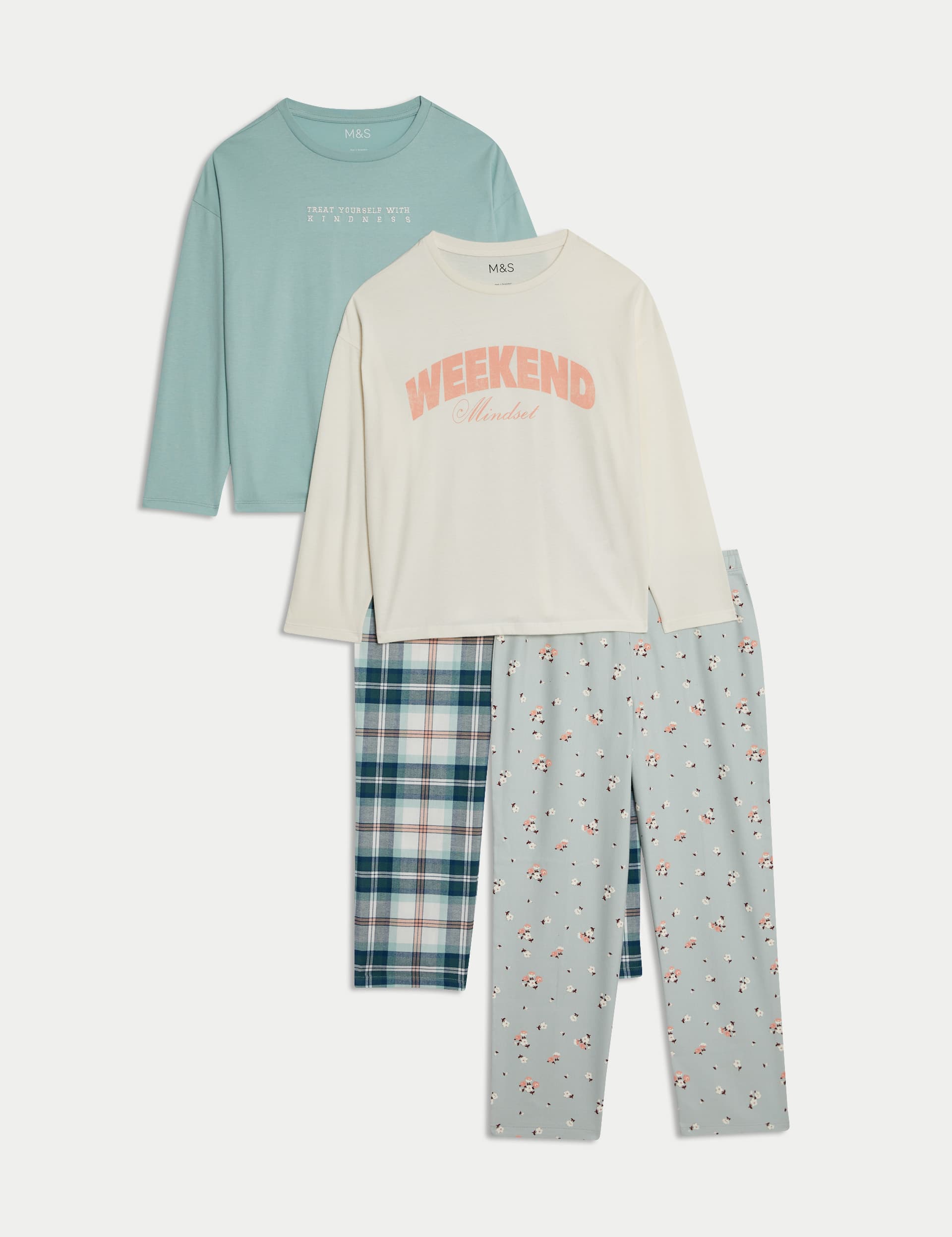 M&S Girls 2 Pack Cotton Rich Weekend Mindset Pyjamas (6-16 Yrs) - 12-13 - Blue Mix, Blue Mix