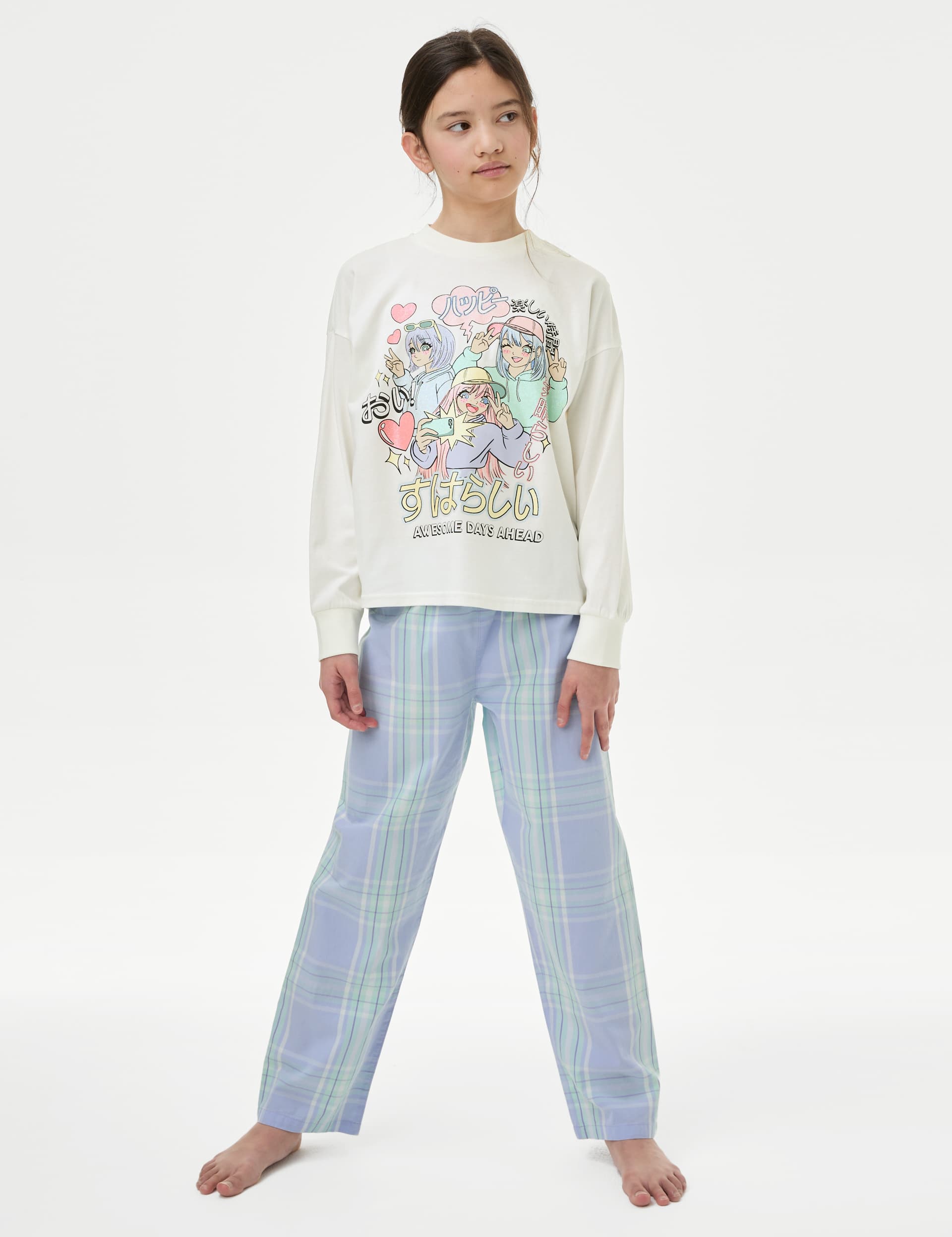 M&S Girls Pure Cotton Awesome Days Checked Pyjamas (6-16 Yrs) - 9-10Y - Lilac Mix, Lilac Mix