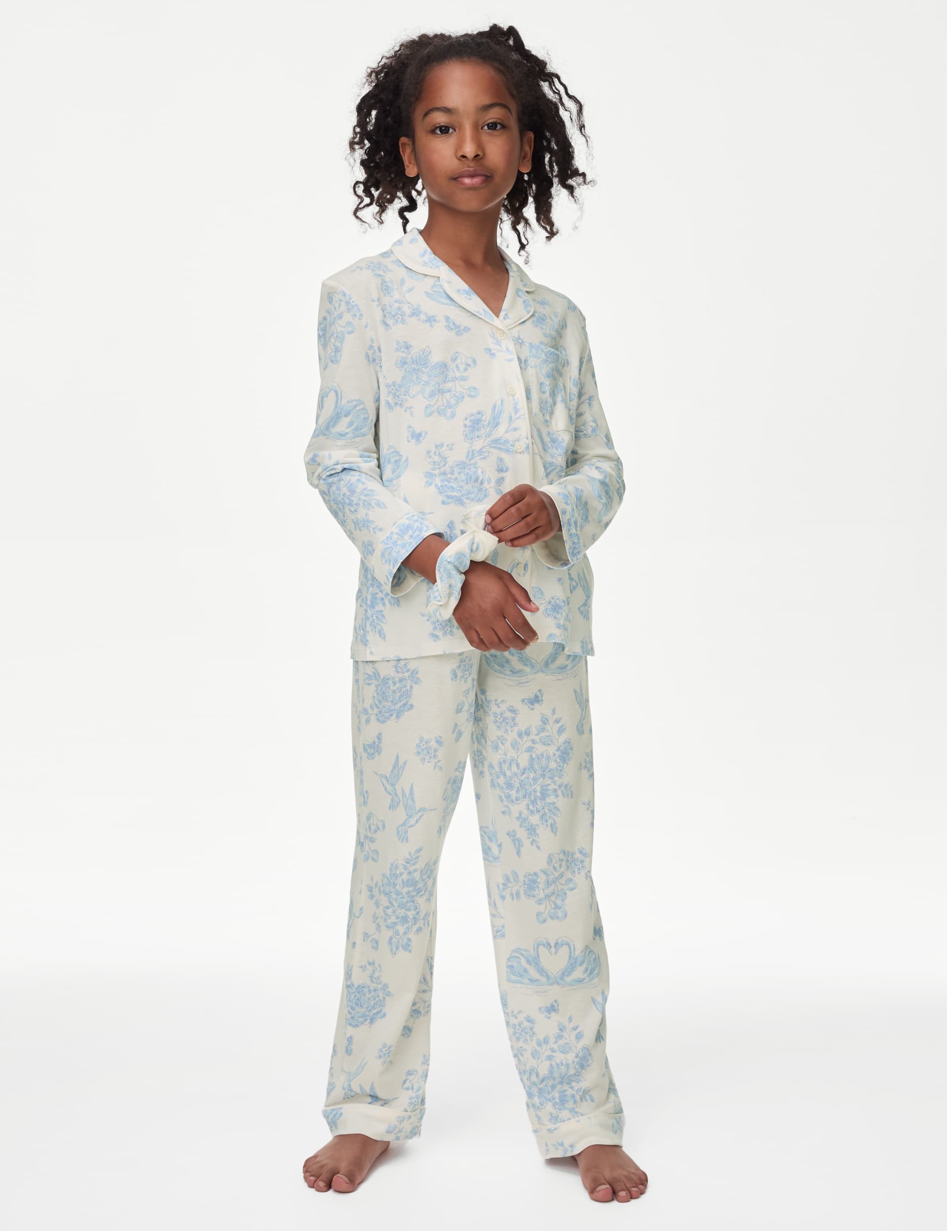 M&S Girls Cotton Modal Floral Pyjamas with Scrunchie (3-16 Yrs) - 6-7 Y - Ivory Mix, Ivory Mix