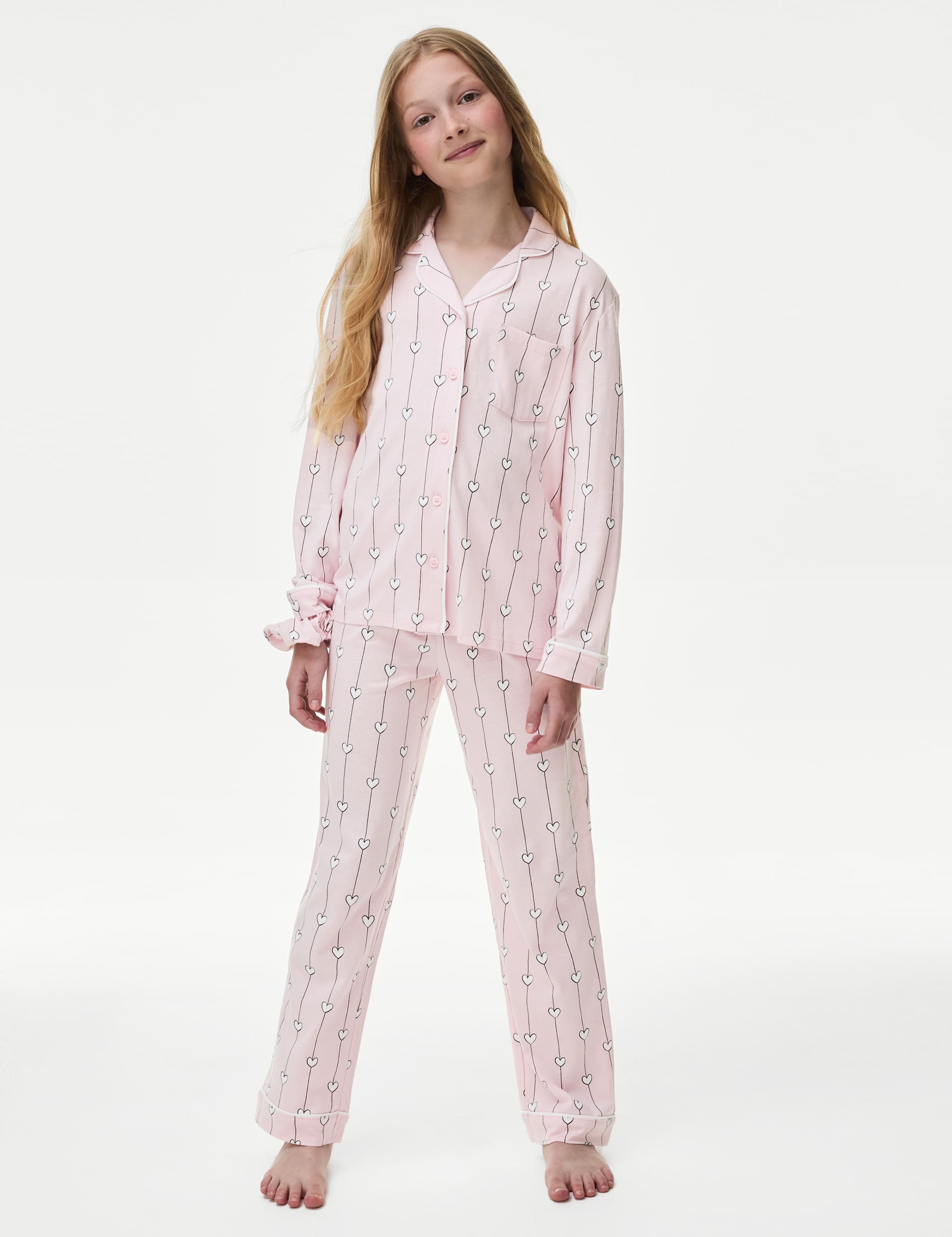 M&S Girls Cotton Modal Heart Pyjamas with Scrunchie (3-16 Yrs) - 6-7 Y - Pink, Pink