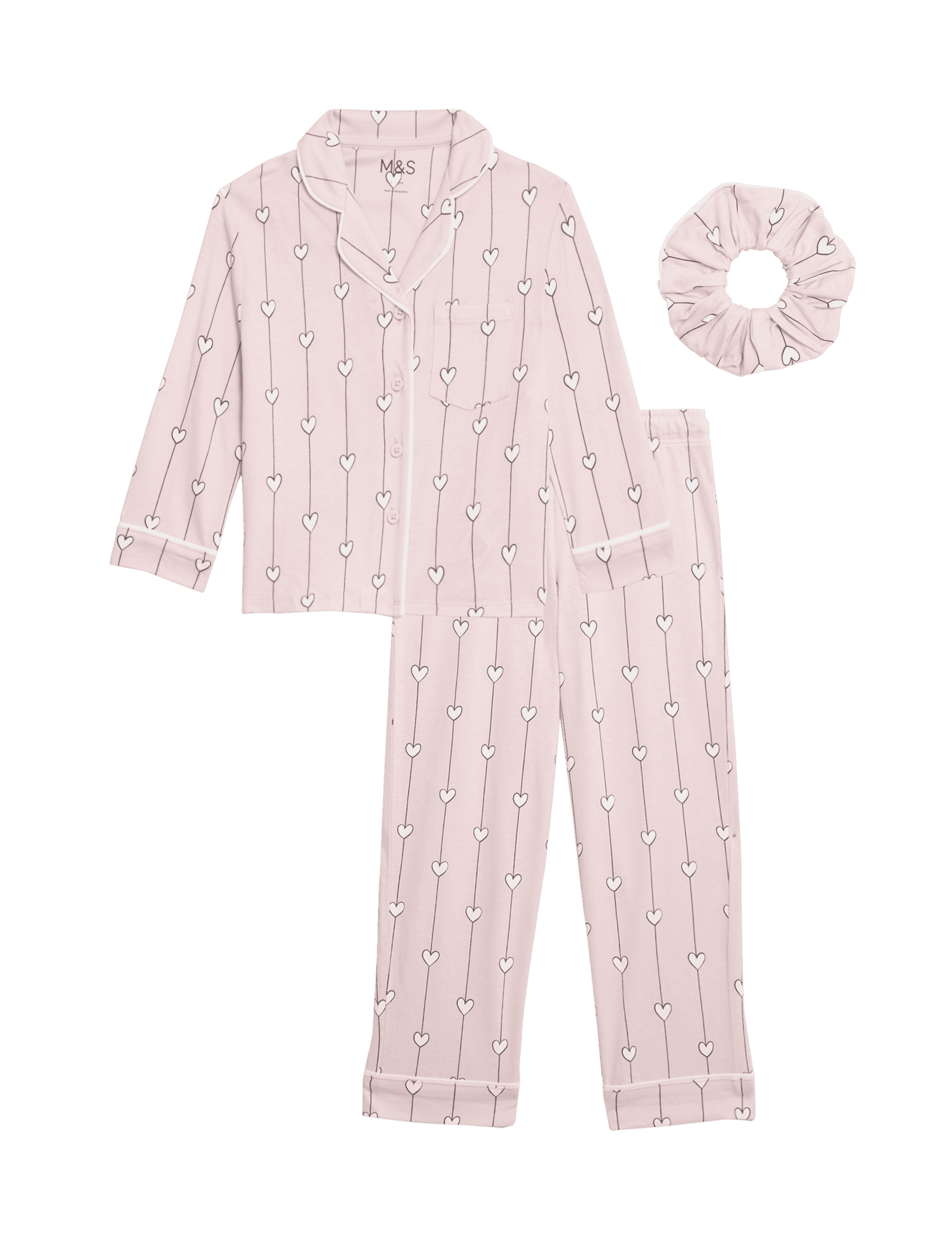 M&S Collection Girls Cotton Modal Heart Pyjamas with Scrunchie (3-16 Yrs) - 6-7 Y - Pink, Pink