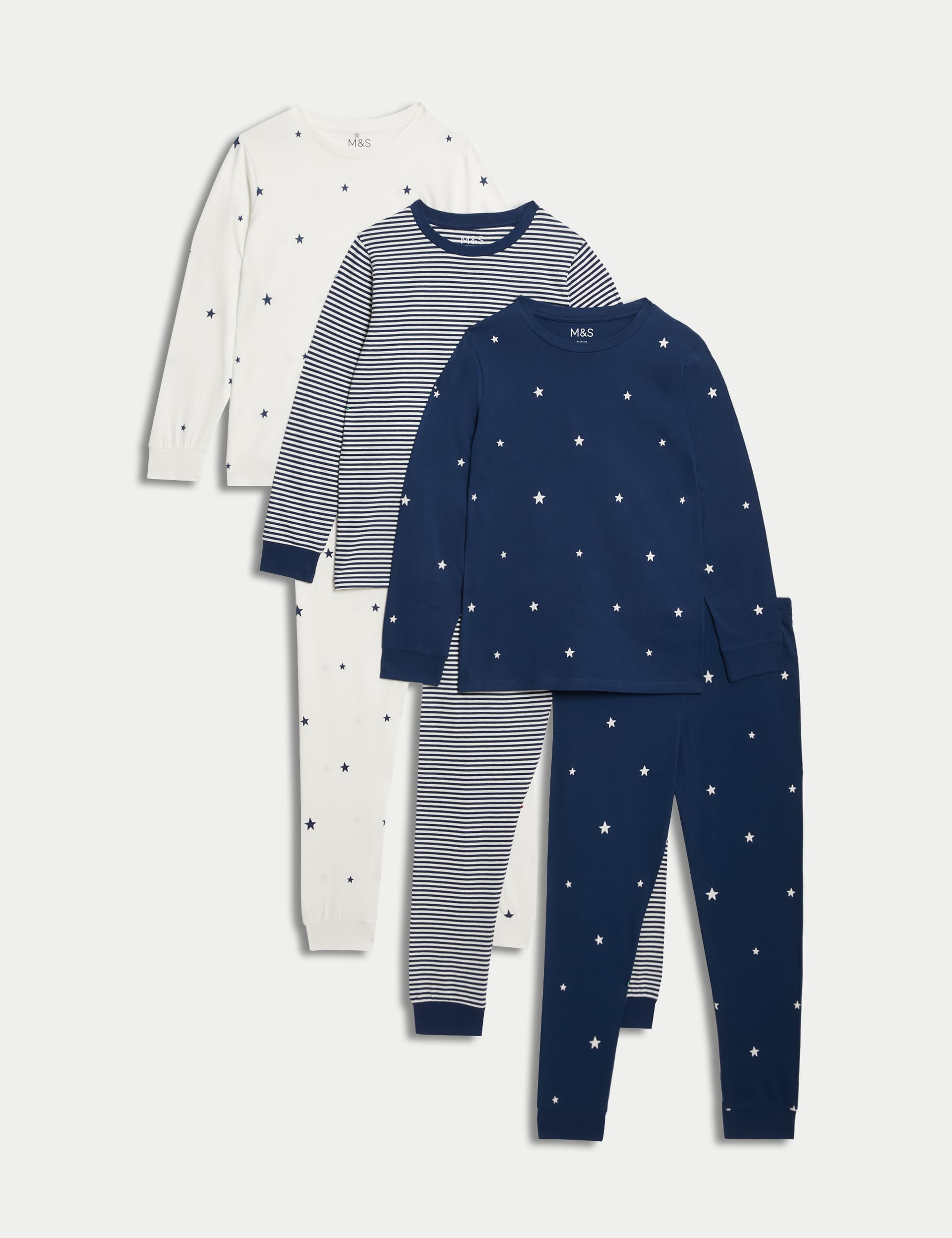 M&S Girls 3pk Pure Cotton Star & Striped Pyjama Sets (1-16 Yrs) - 11-12 - Indigo, Indigo