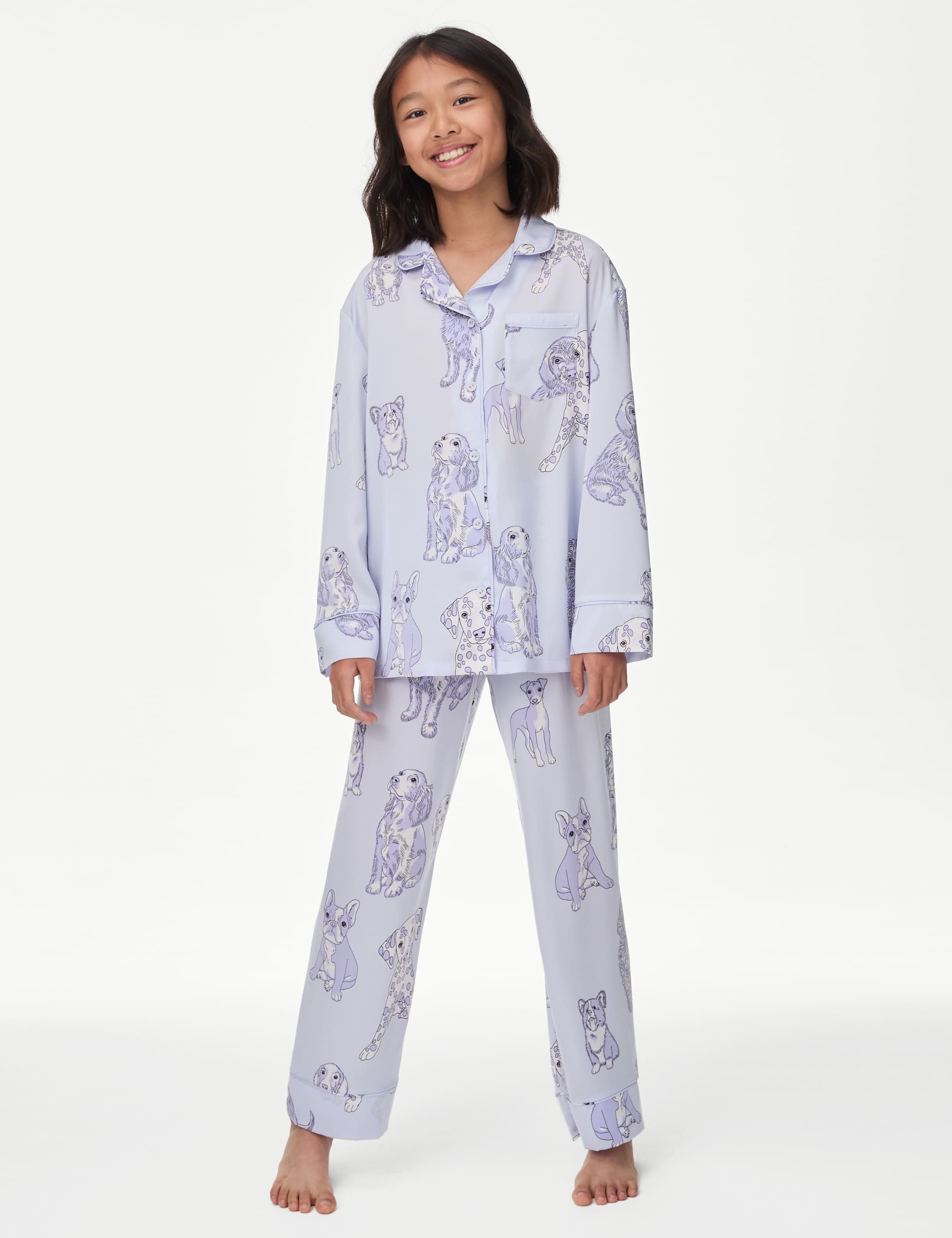 M&S Girls Dog Print Satin Revere Pyjamas (3-16 Yrs) - 8-9 Y - Lilac Mix, Lilac Mix