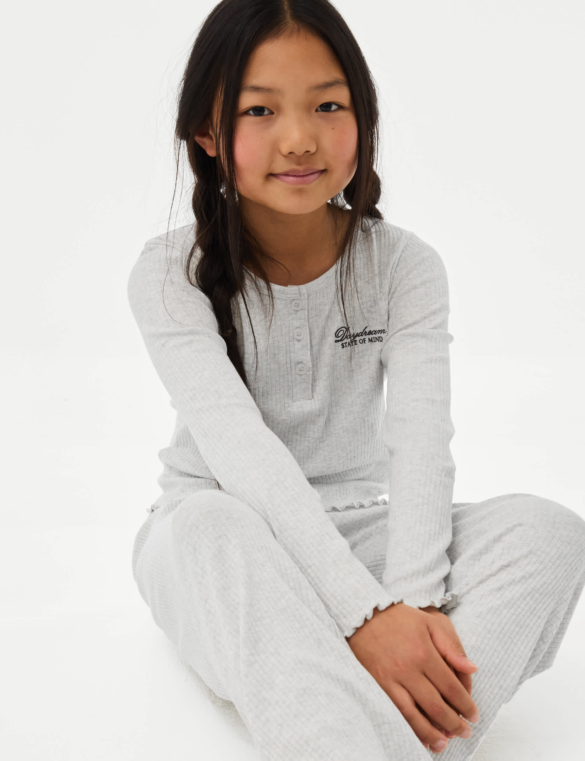 M&S Girls Pure Cotton Daydream Rib Pyjamas (6-16 Yrs) - 12-13 - Grey Marl, Grey Marl