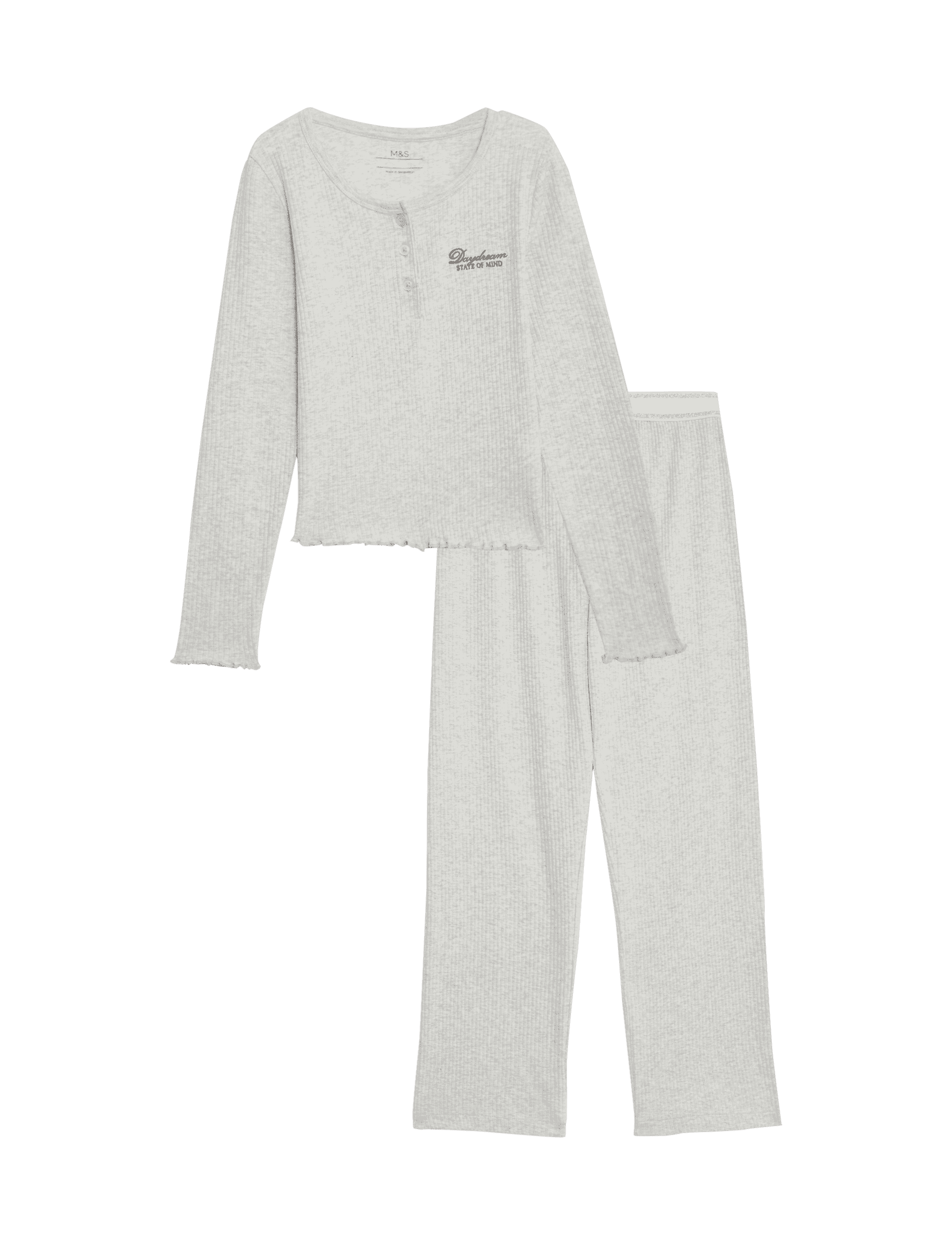 M&S Collection Girls Pure Cotton Daydream Rib Pyjamas (6-16 Yrs) - 10-11 - Grey Marl, Grey Marl