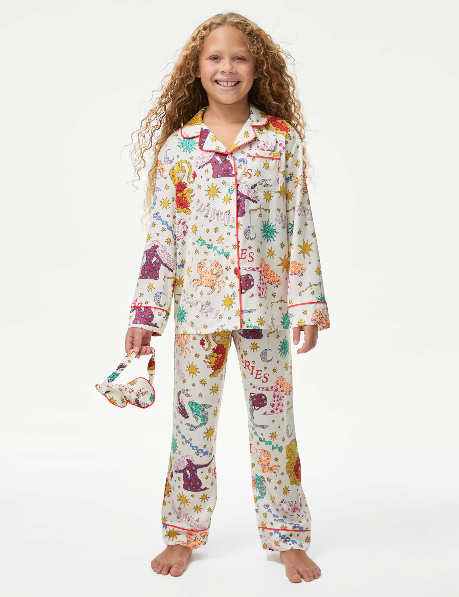 M&S Girls Satin Zodiac Pyjamas with Eye Mask (6-16 Yrs) - 12-13 - Multi, Multi