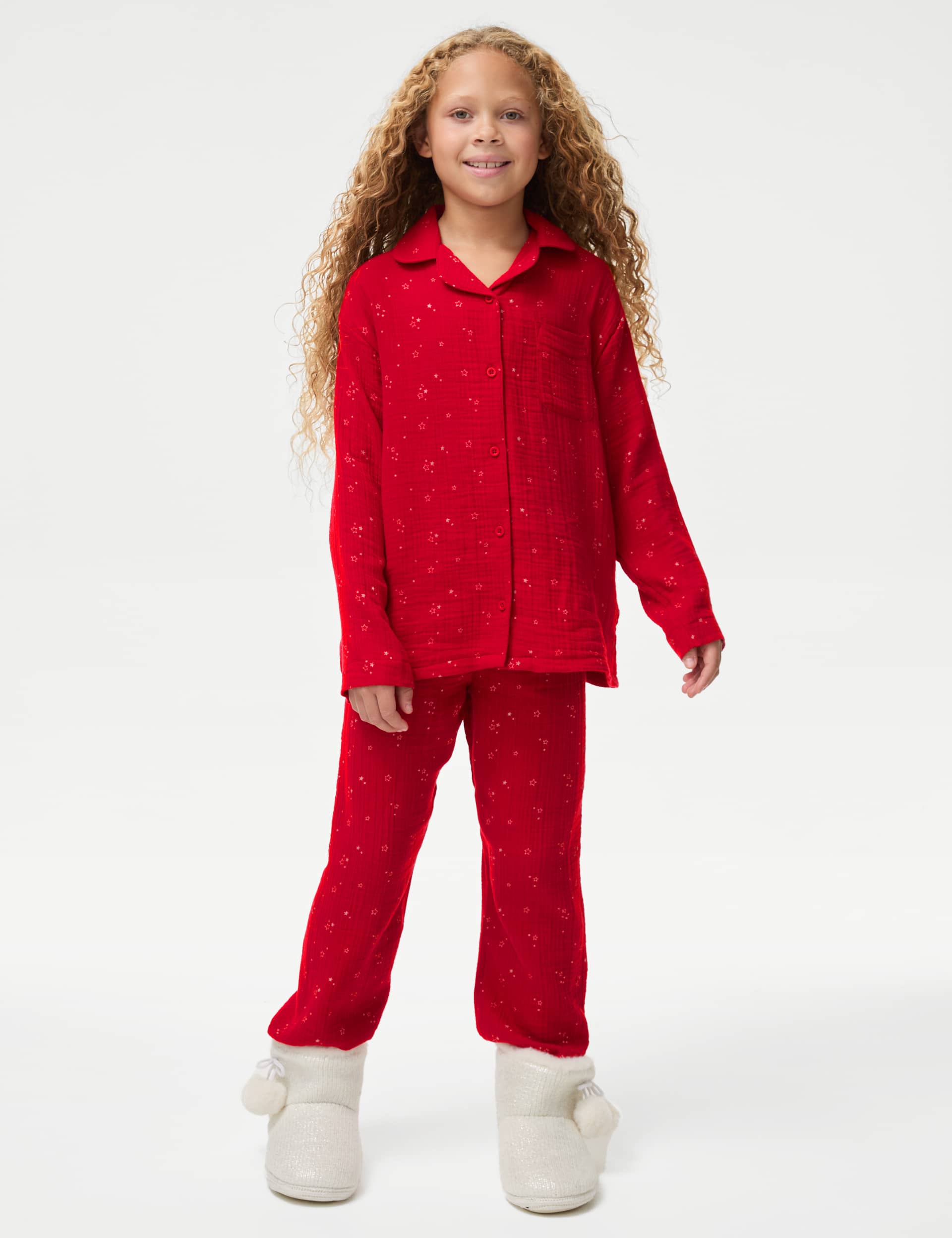 M&S Girls Pure Cotton Star Pattern Pyjamas (1-16 Yrs) - 9-10Y - Red, Red