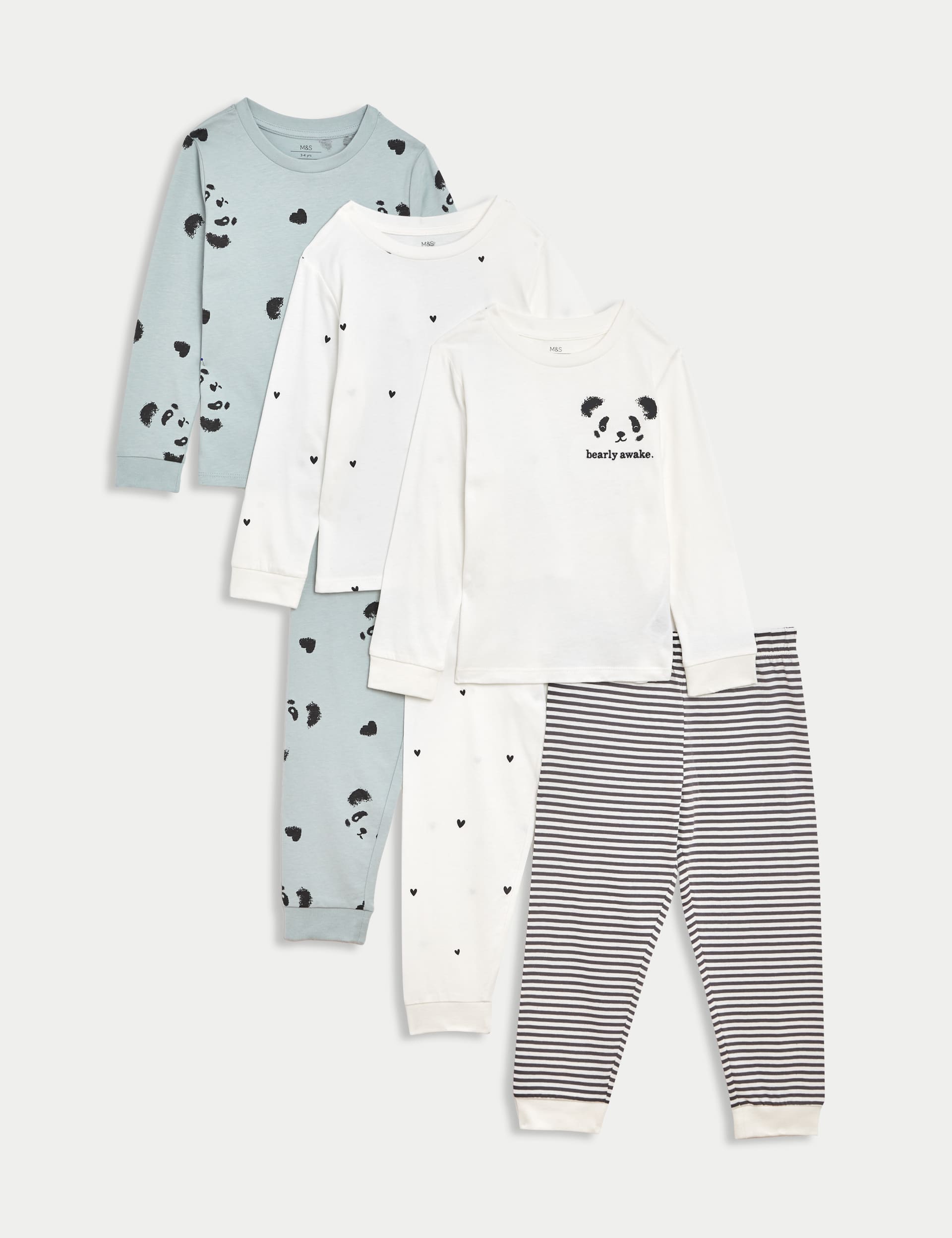 M&S Girls 3pk Pure Cotton Panda & Heart Pyjama Sets (1-8 Yrs)