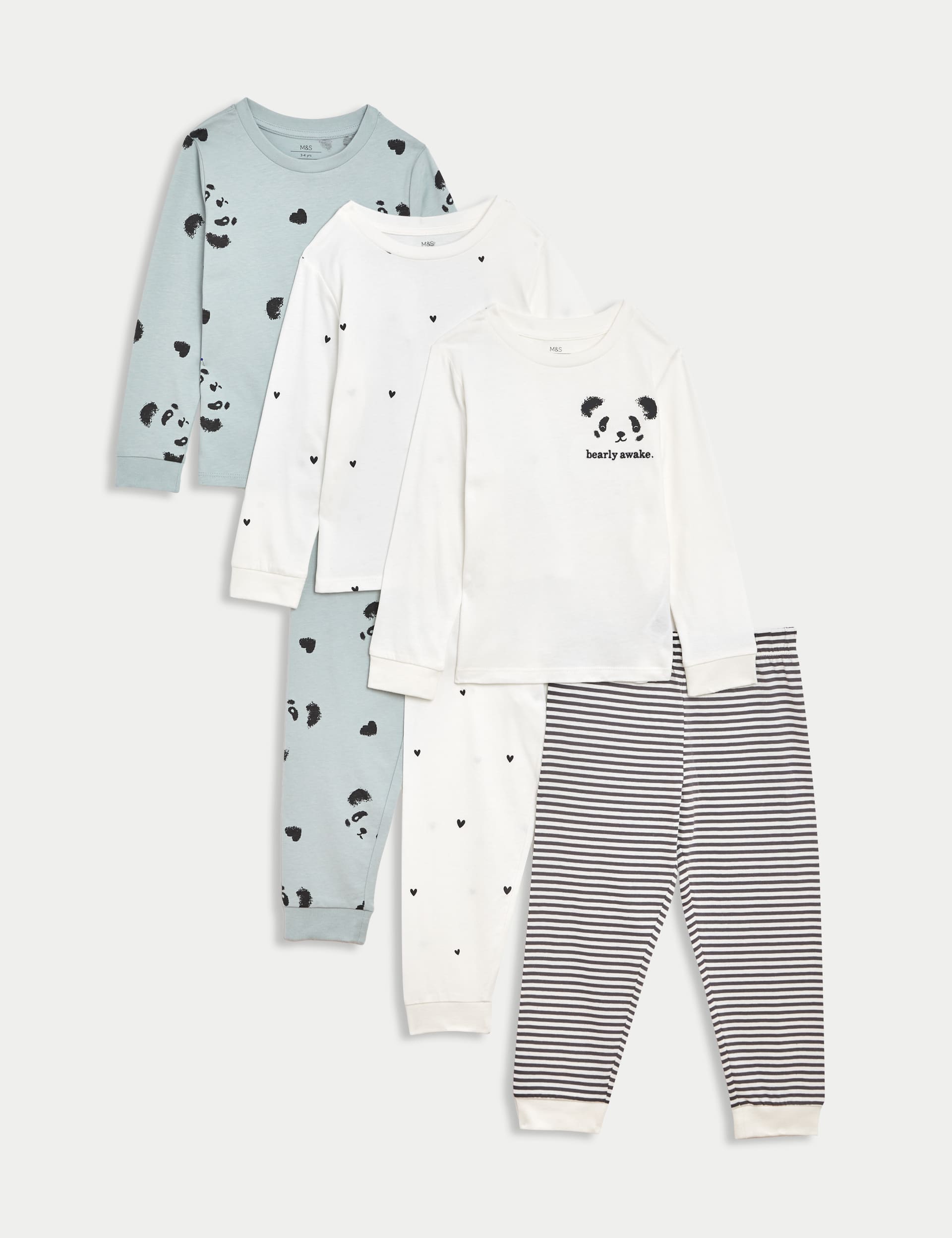 M&S Girls 3pk Pure Cotton Panda & Heart Pyjama Sets (1-8 Yrs) - 3-4 Y - Mint, Mint