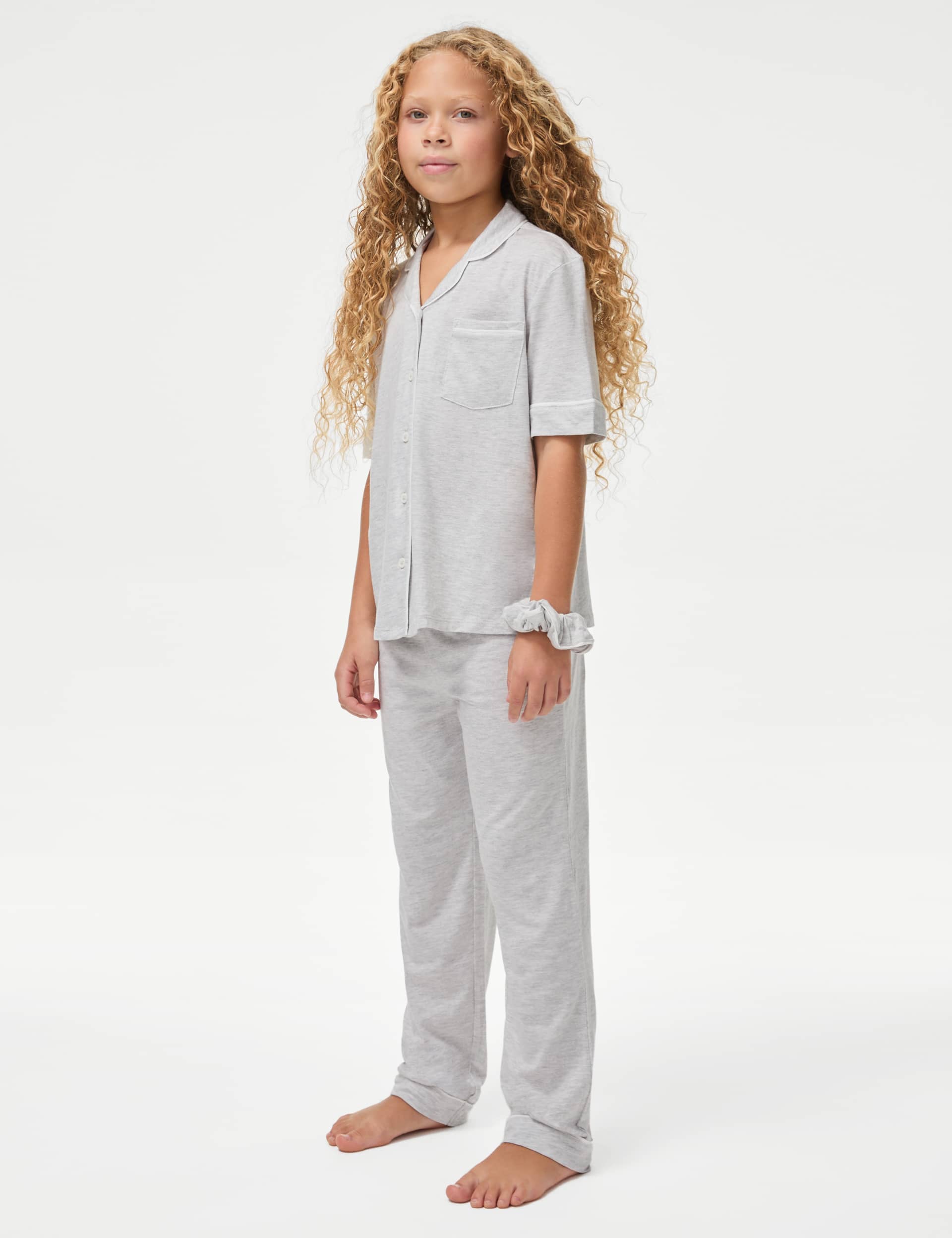 M&S Girls Modal Blend Pyjamas with Scrunchie (3-16 Yrs) - 6-7 Y - Grey, Grey