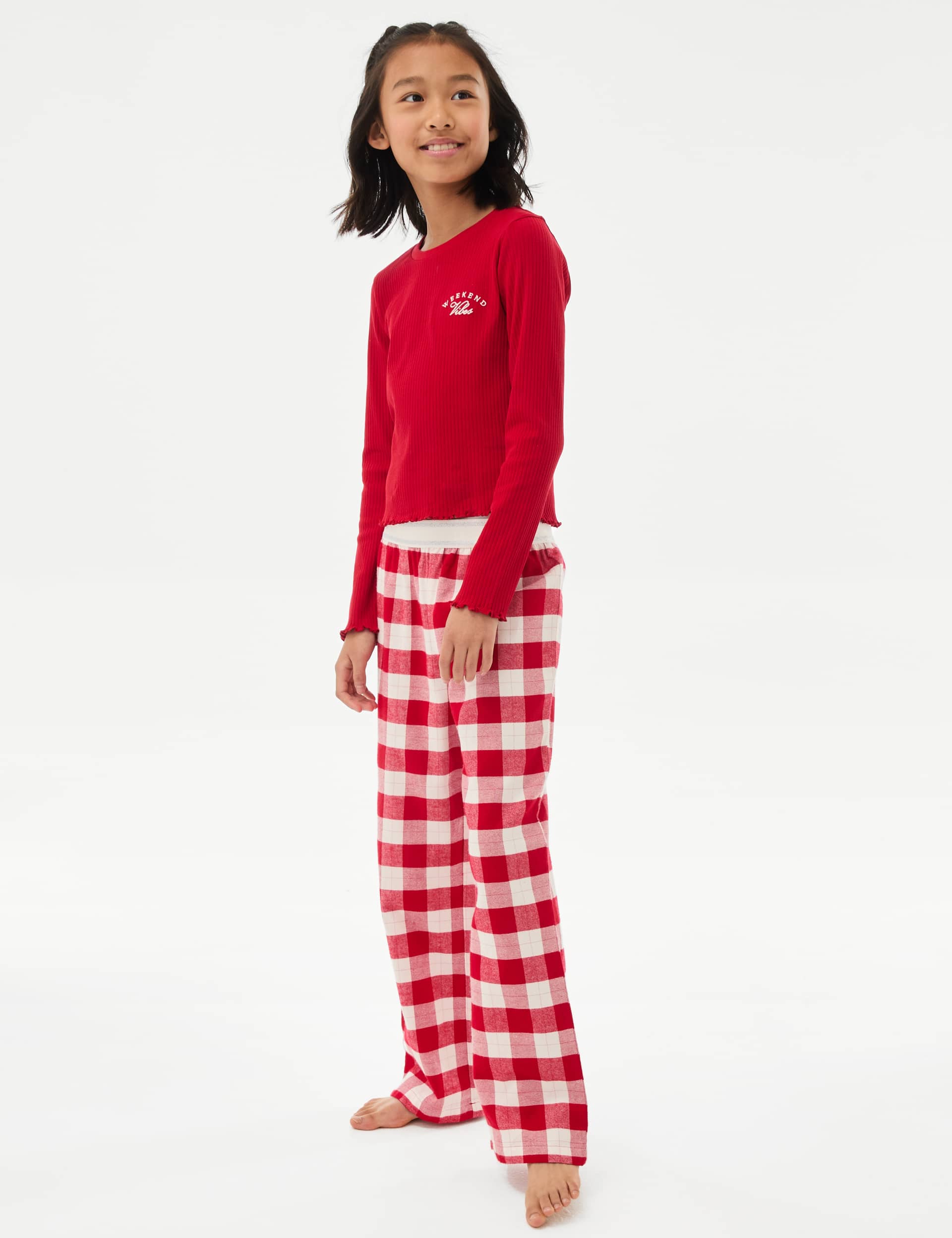 M&S Girls Cotton Rich Checked Rib Pyjamas (6-16 Yrs) - 11-12 - Red, Red