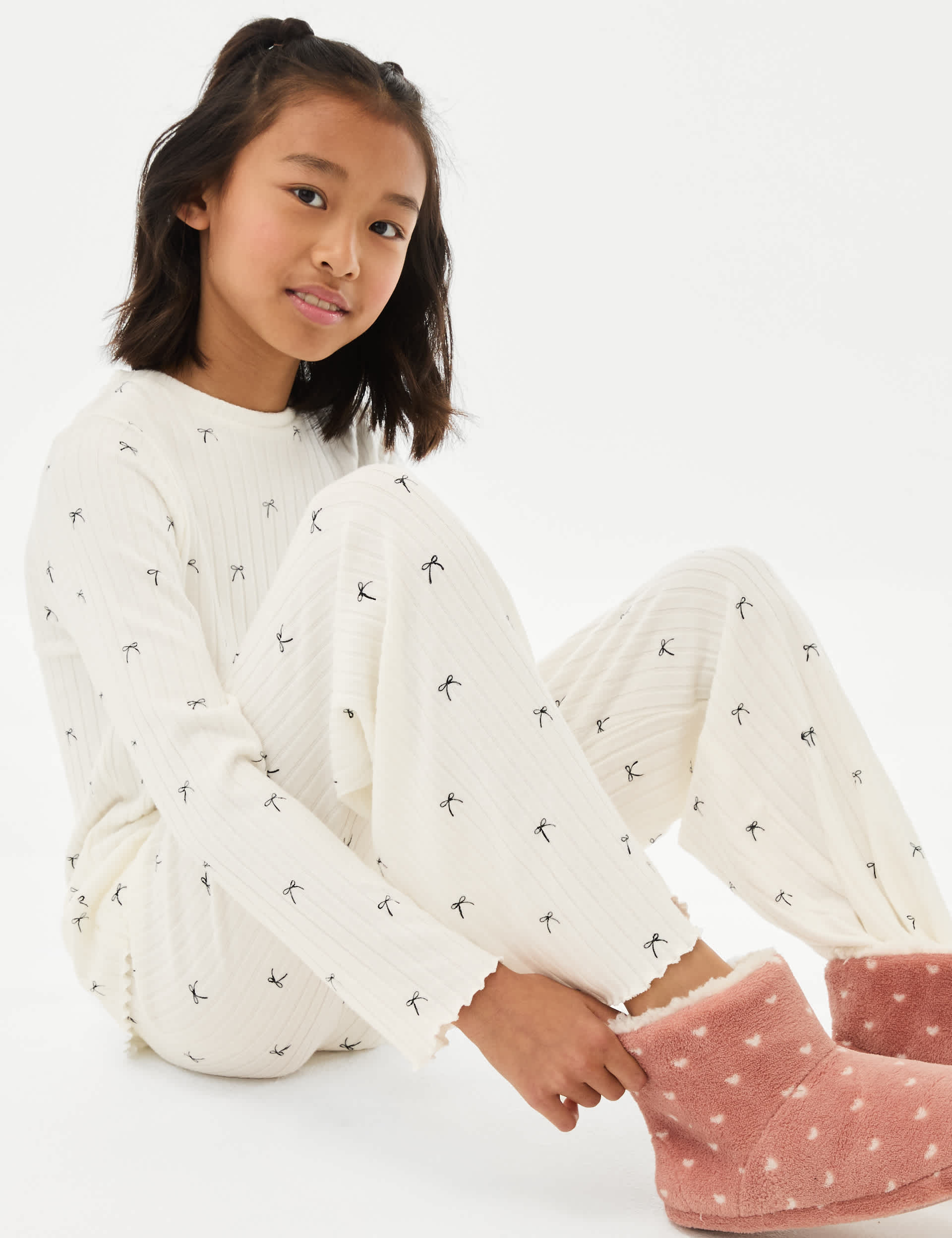 M&S Girls Cosy Ribbed Bow Pyjamas (1-16 Yrs) - 7-8 Y - Ecru, Ecru