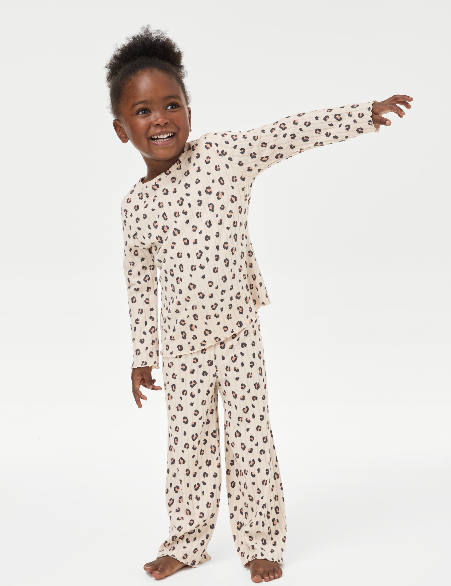 M&S Girls Leopard Print Cosy Ribbed Pyjamas (1-16 Yrs) - 6-7 Y - Multi, Multi