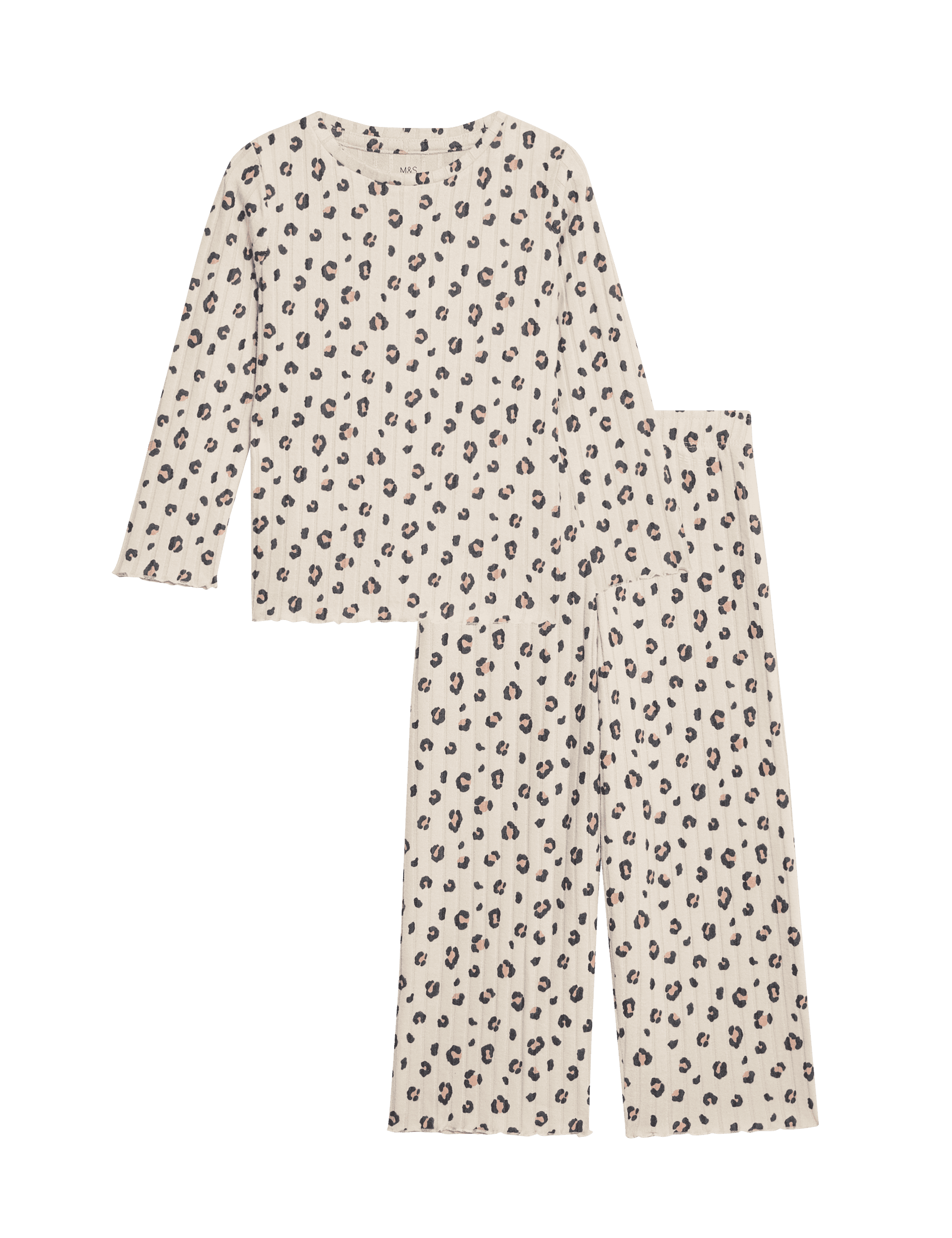 M&S Collection Girls Leopard Print Cosy Ribbed Pyjamas (1-16 Yrs) - 7-8 Y - Multi, Multi